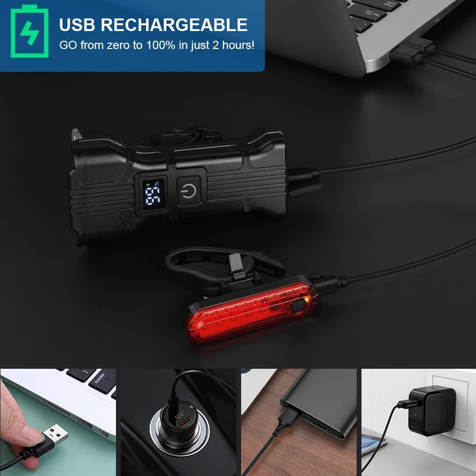 URAQT 12LED Światła rowerowe przednie i tylne, z akumulatorem, wodoodporne, IP65, 1800 mAh, 9500 l, światło rowerowe, 6+5 trybów, światło przednie z brzęczykiem, do jazdy na rowerze górskim i szosowym