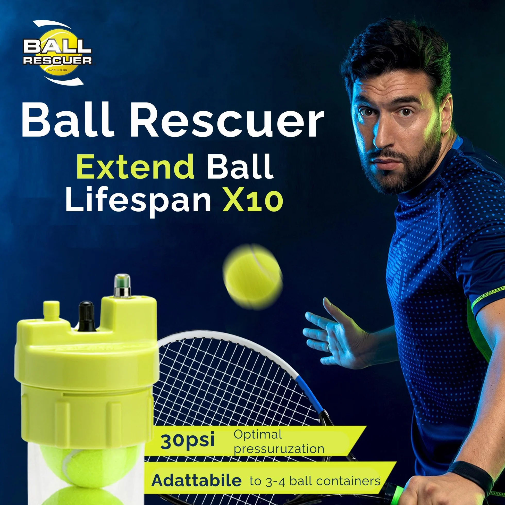 Ball Rescuer Przekształca pojemniki na piłki do padla lub tenisa w puszkę ciśnieniową o mocy 30 PSI – Możliwość dostosowania do trzech lub czterech kulek (opakowanie nie wchodzi w zakres dostawy).