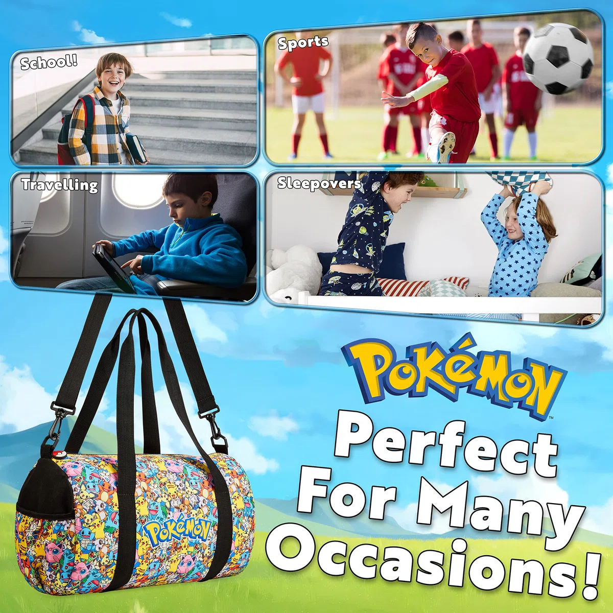 Pokemon Pikachu torba gimnastyczna dla dzieci - sportowa torba na sprzęt piłkarski, torba podróżna na bagaż podręczny, prezenty dla chłopców, wielobarwny, One Size