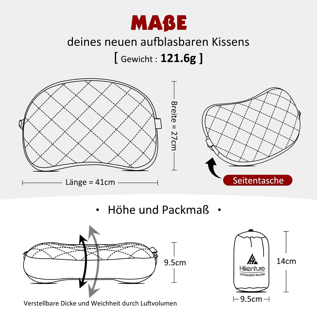 HIKENTURE nadmuchiwana poduszka kempingowa z odpinanym pokryciem, nadmuchiwana poduszka podróżna lekka, ergonomiczna poduszka w podróży, nadmuchiwana poduszka pod głowę kempingowa na zewnątrz