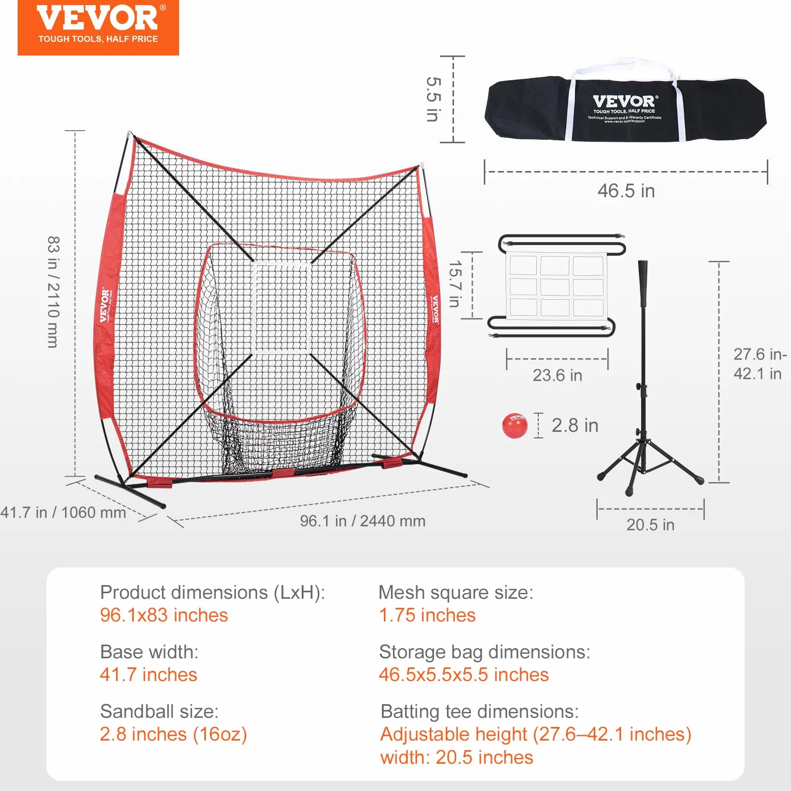 VEVOR 2x2,1 m przenośna siatka treningowa baseballowa z ramą kokardową i torbą