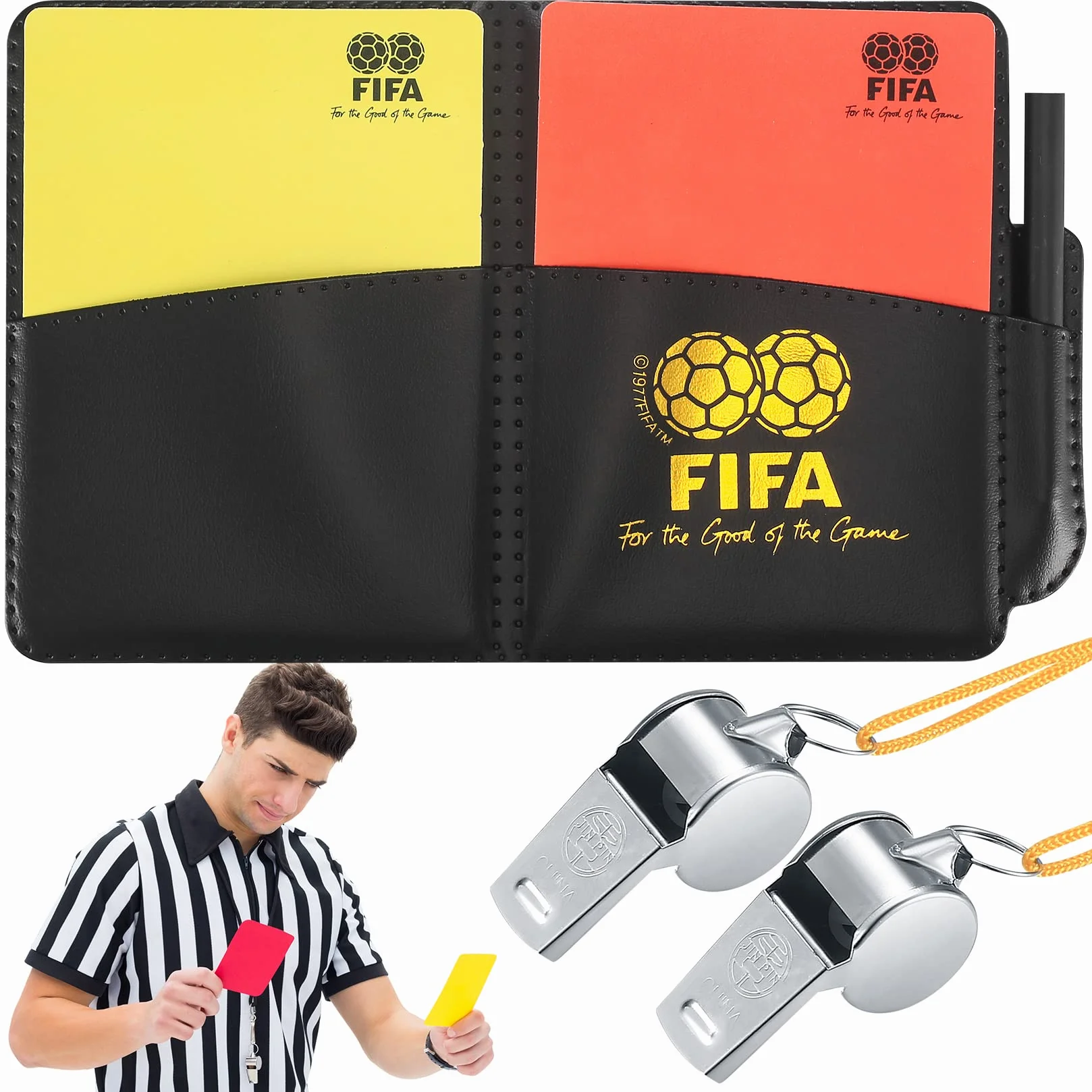Zestaw kart sędziowskich, sportowe karty sędziowskie, czerwone i żółte karty z metalowym gwizdkiem do trenera ze smyczą, portfele, arkusze wyników, ołówek do uprawiania sportu, piłki nożnej, koszykówki, piłki nożnej