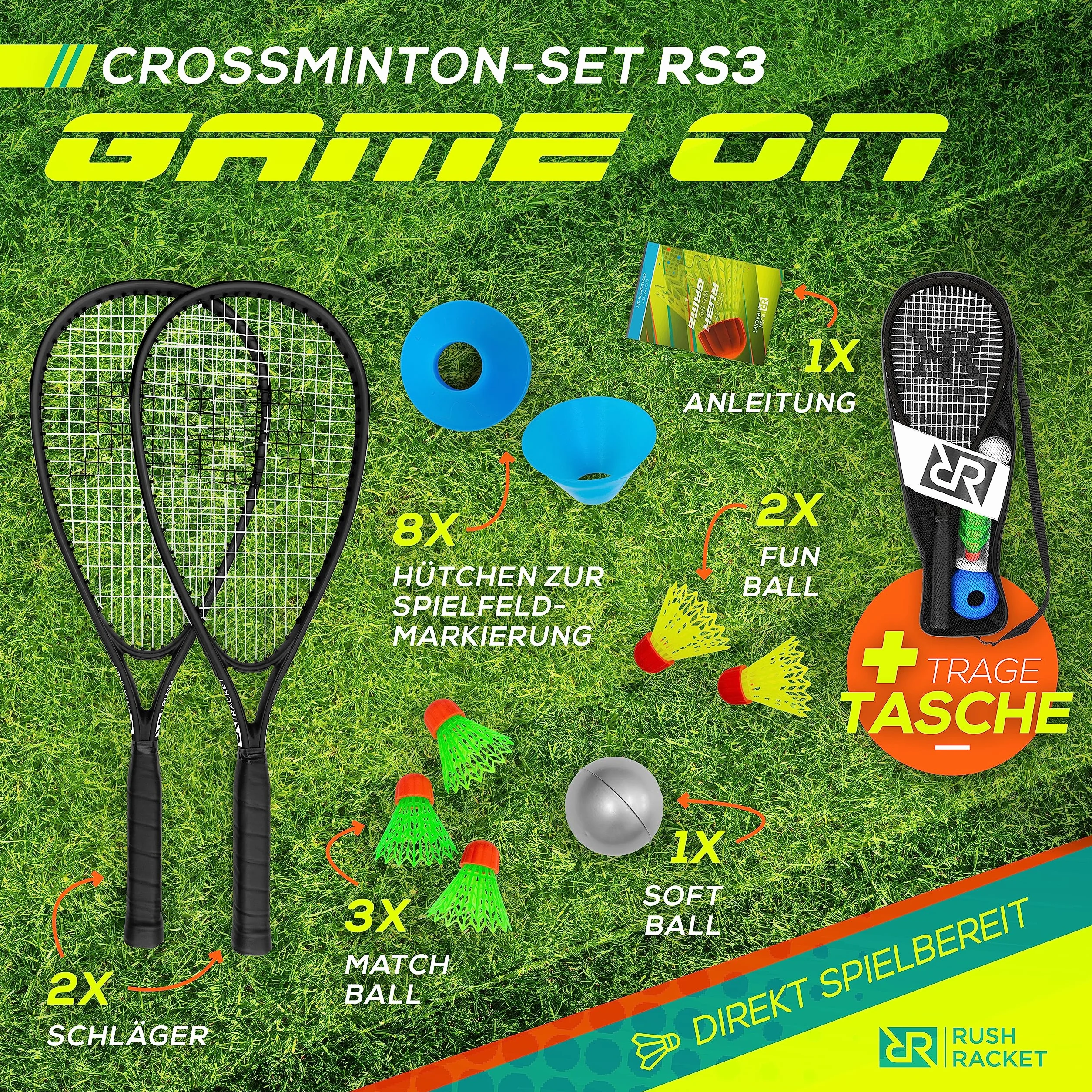 RS3 Speed zestaw 5-częściowy do badmintona (2 rakiety, 5 x lotki, 1 x softball, 8 x oznaczenie polowe, 1 x torba do noszenia) zestaw crossmintona – zestaw do badmintona Turbo