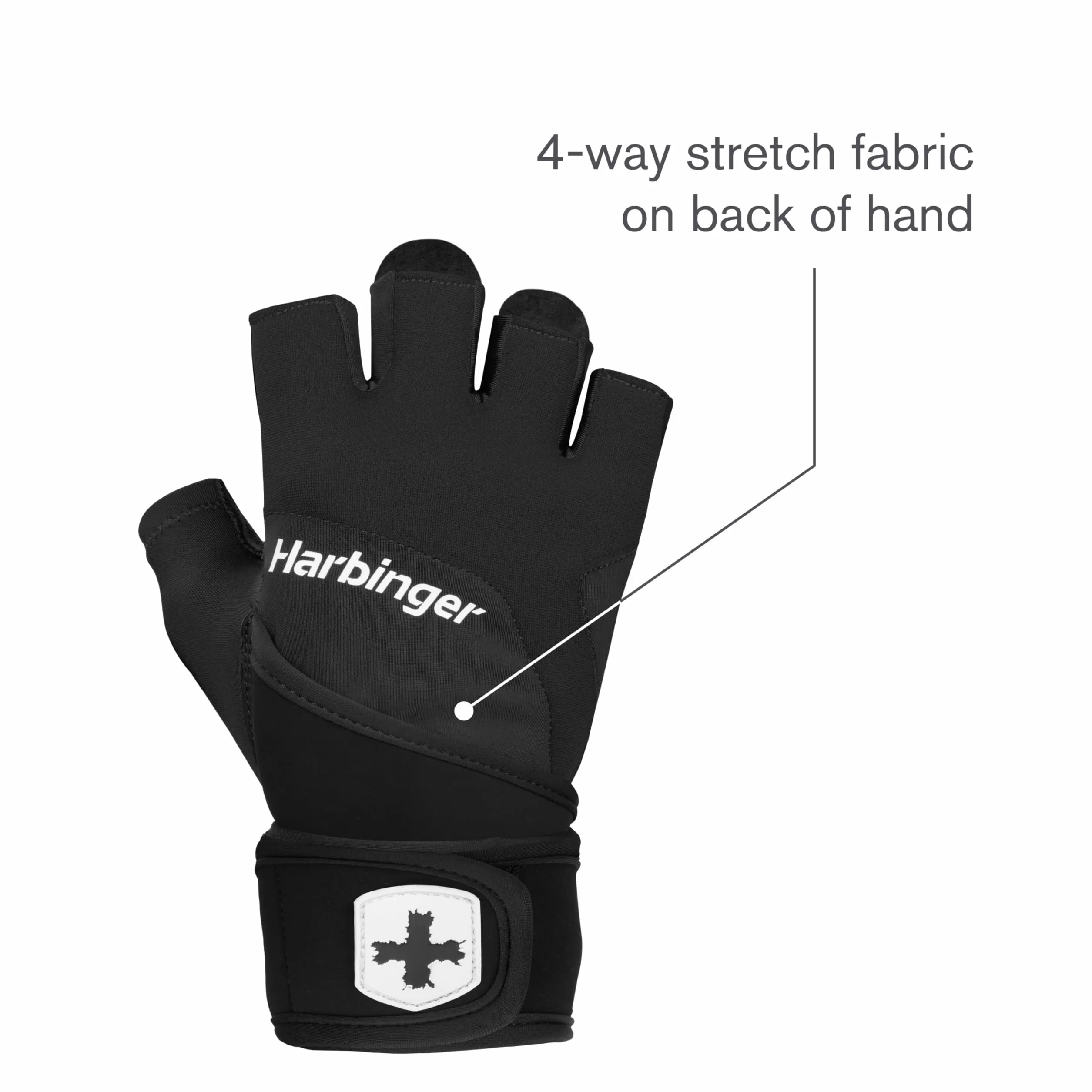 Harbinger Rękawice treningowe Grip Wristwrap 2.0 ciężkie rękawice liftingowe z wyściełaną kulką TechGel, zapięcie na rzepy, 4-kierunkowy stretch, pomoc w ciągnięciu palców, czarne, XL