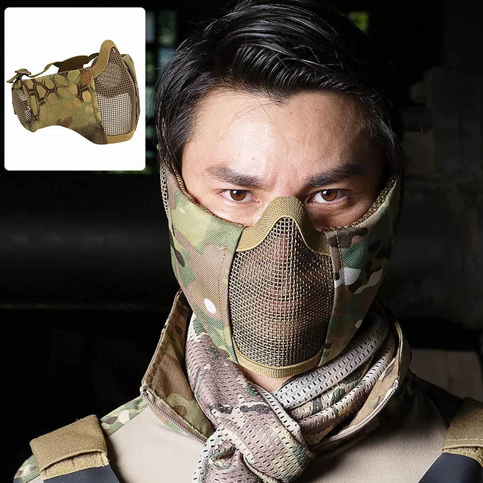 Półmaska siatkowa Airsoft z ochroną uszu, składana do paintballu i polowania