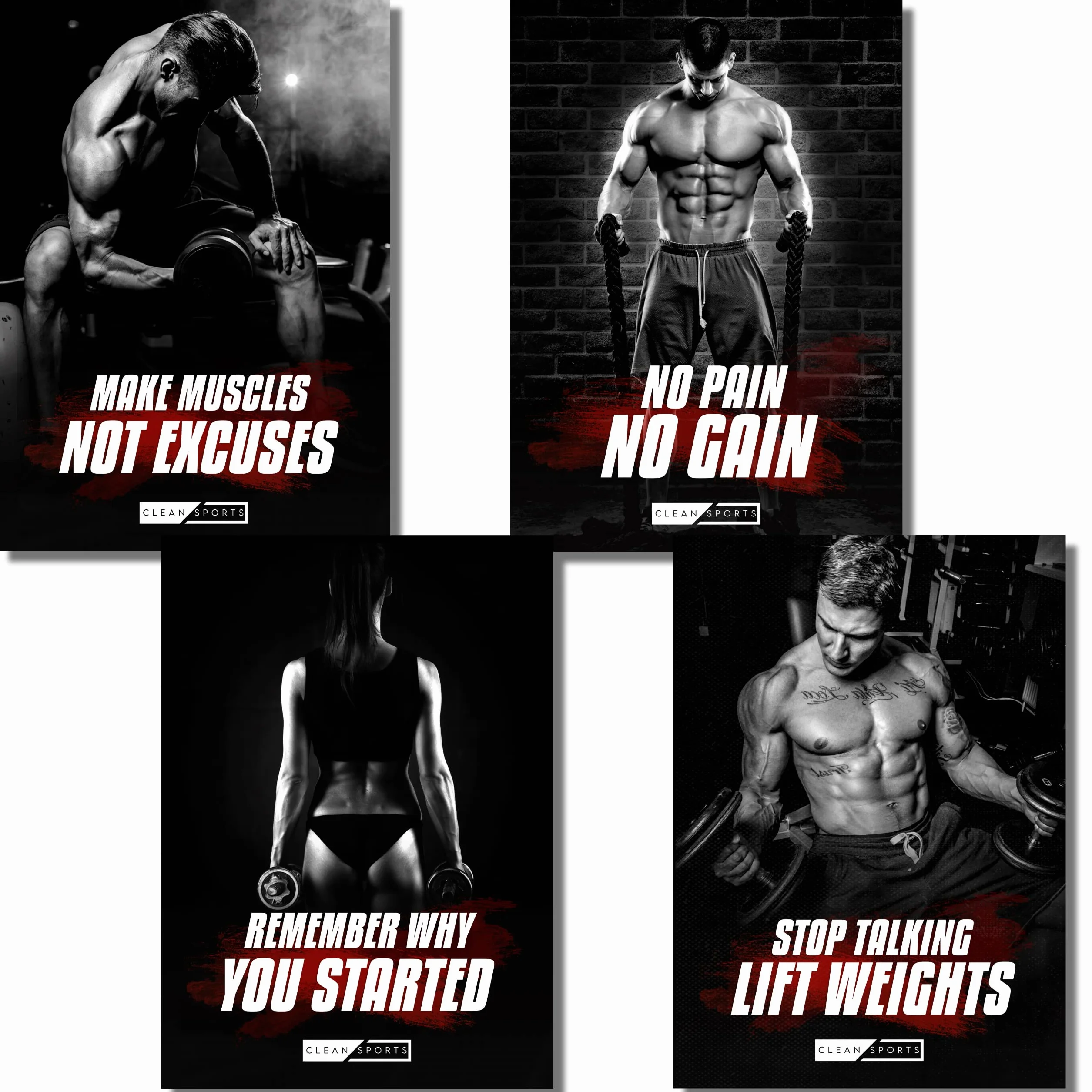 CLEAN SPORTS Plakat fitness – zestaw 4 obrazów motywacyjnych dla obrazków ciała w formacie DIN A2 – plakat treningowy do studia fitness i domu – bez ramki, idealna dekoracja do Twojej sali treningowej