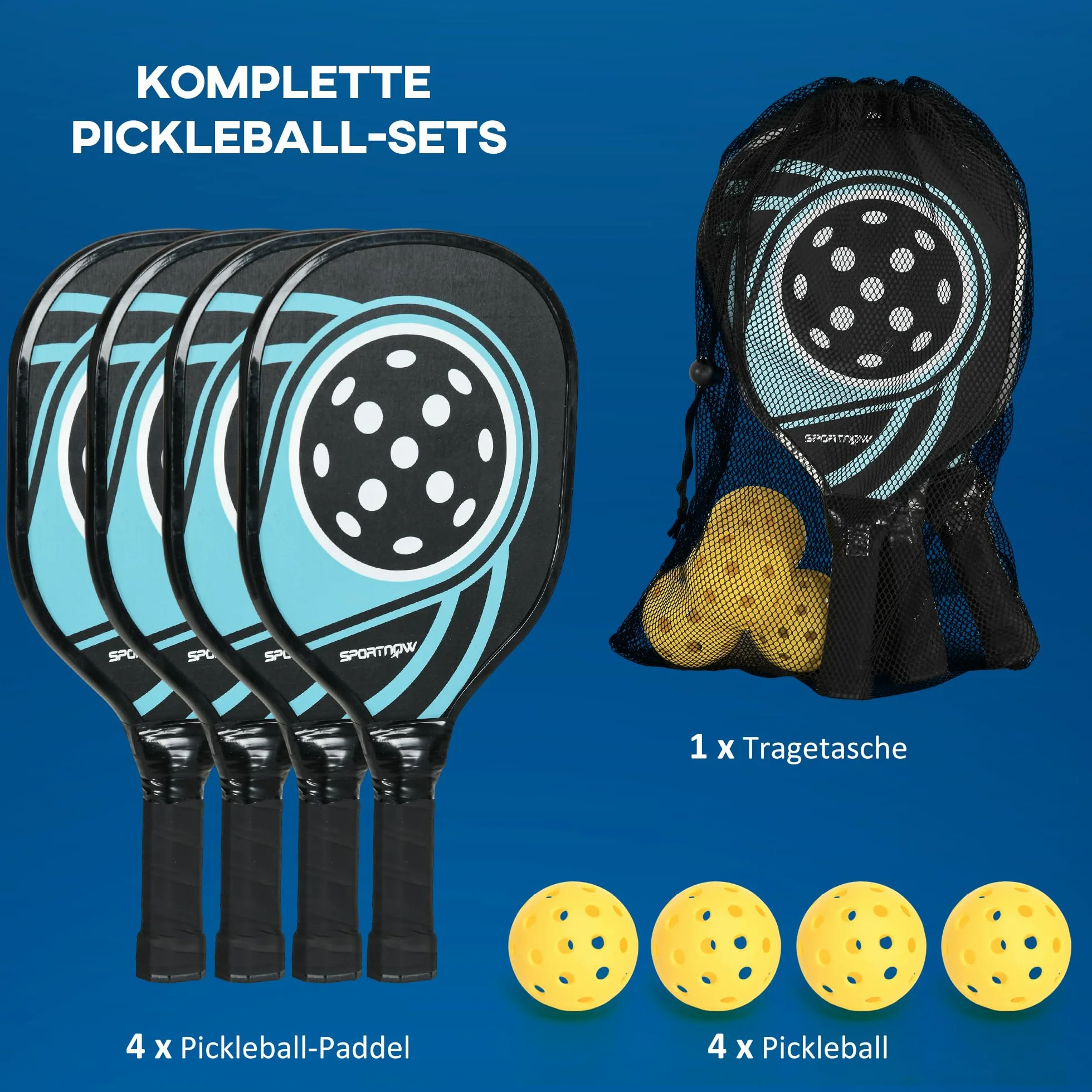 SPORTNOW Zestaw kijów do pikle, zestaw 4 kijów do pickleball, 4 piłki, torba do noszenia, zestaw do użytku wewnątrz i na zewnątrz, dla młodzieży i dorosłych