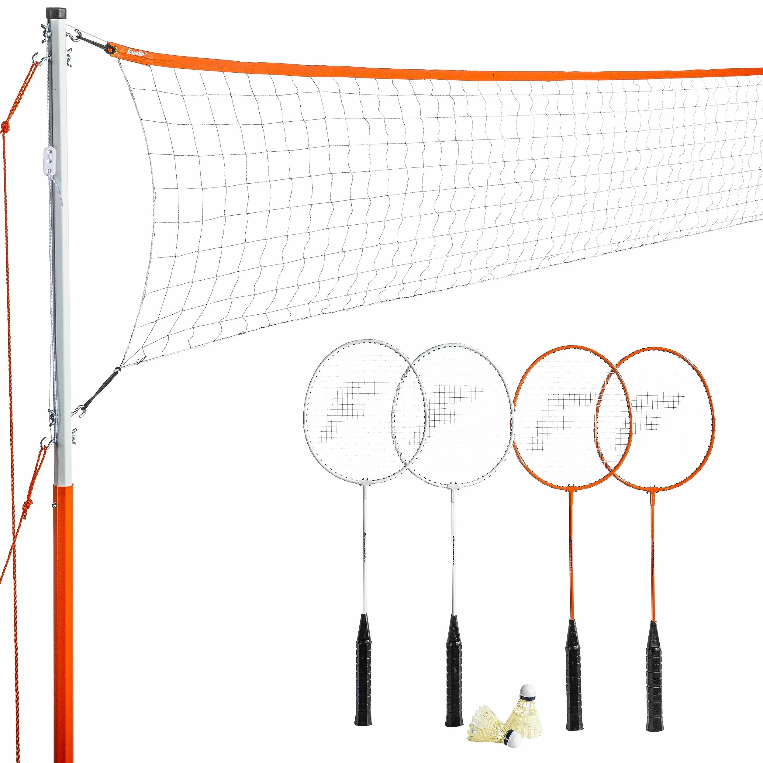 Franklin Sports zestawy siatek do badmintona – na zewnątrz podwórko + siatka do badmintona + zestaw sprzętu – (4) rakiety + (2) ptaki + przenośna siatka w zestawie – zestaw dla dorosłych i dzieci