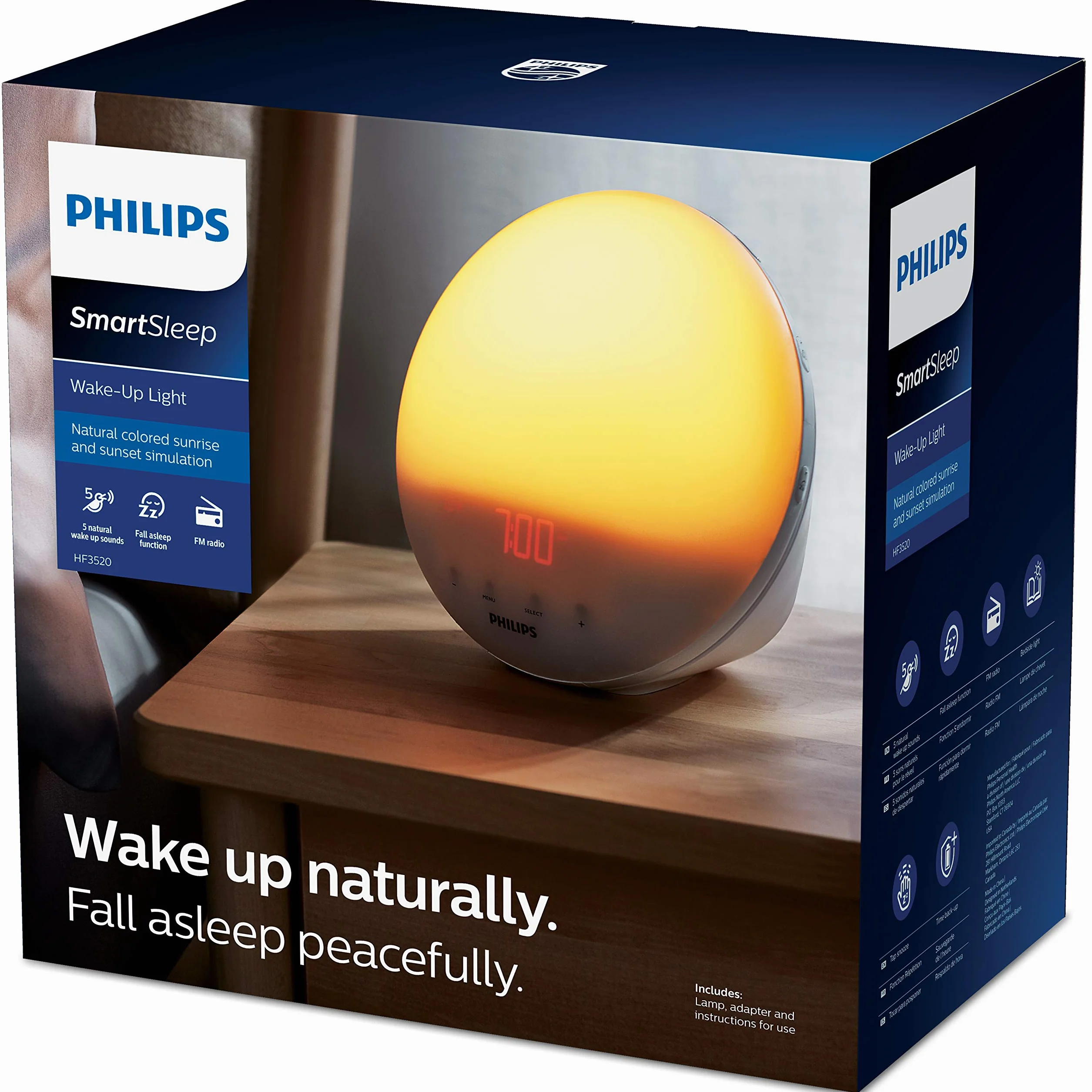 PHILIPS SmartSleep HF3519/20 budzik świetlny, symulacja wschodu i zachodu słońca, 5 dźwięków natury, radio FM, lampka do czytania
