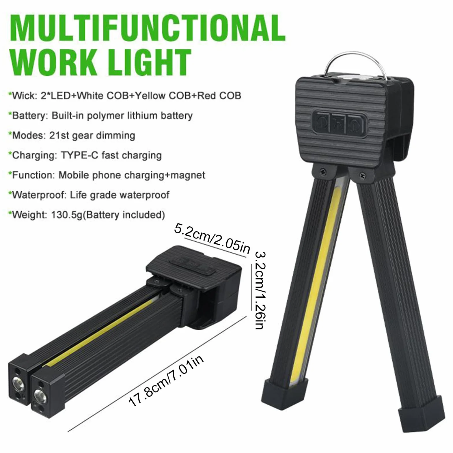 Gym Lamp Light, Waterproof Led Flashlight, 17.8x5.2x3.2cm/7.01x2.05x1.26 Inches 7-Grade Dimming, Rechargeable 180-Degree Folding Worklight, Magnet Hook, for Outdoor, Gardening