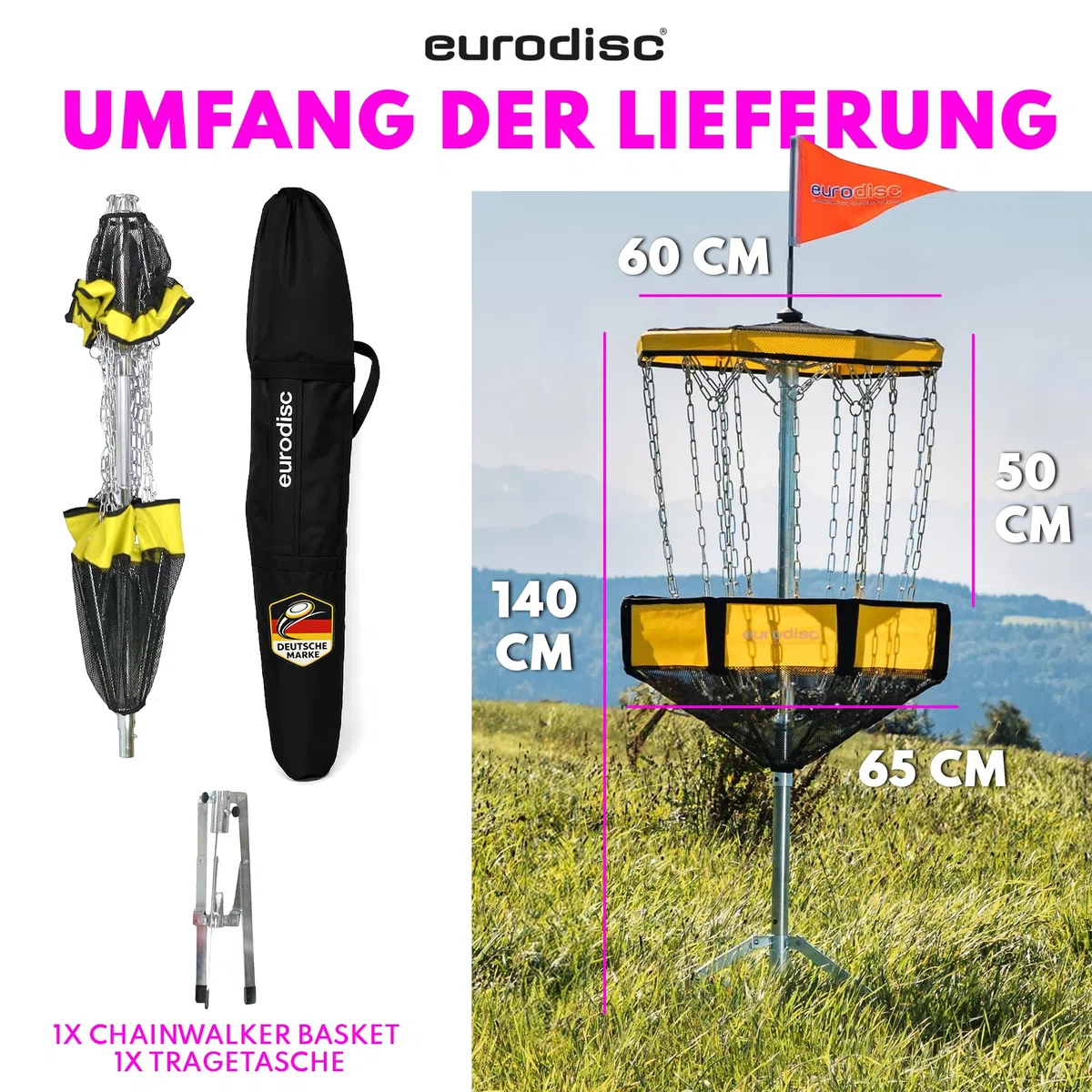eurodisc Disc Golf kosz Chainwalker, Disc Golf Target - wysokość: 140 cm - przenośny, przenośny, lekki i do złożenia - w zestawie torba do przenoszenia