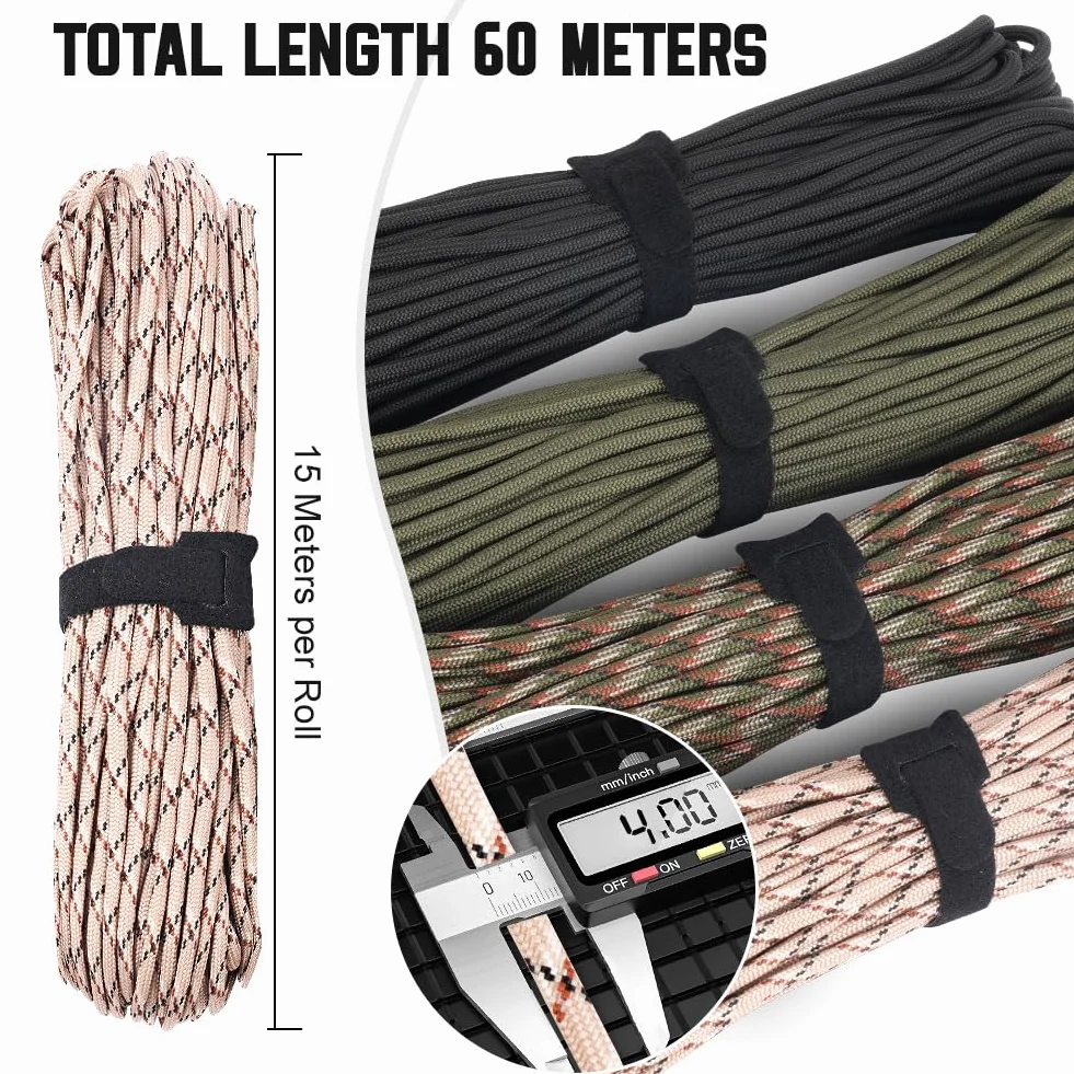 HOTUT Paracord 4 mm 7 nici 15 m typ III linka spadochronowa 250 kg nylonowa survival outdoor
