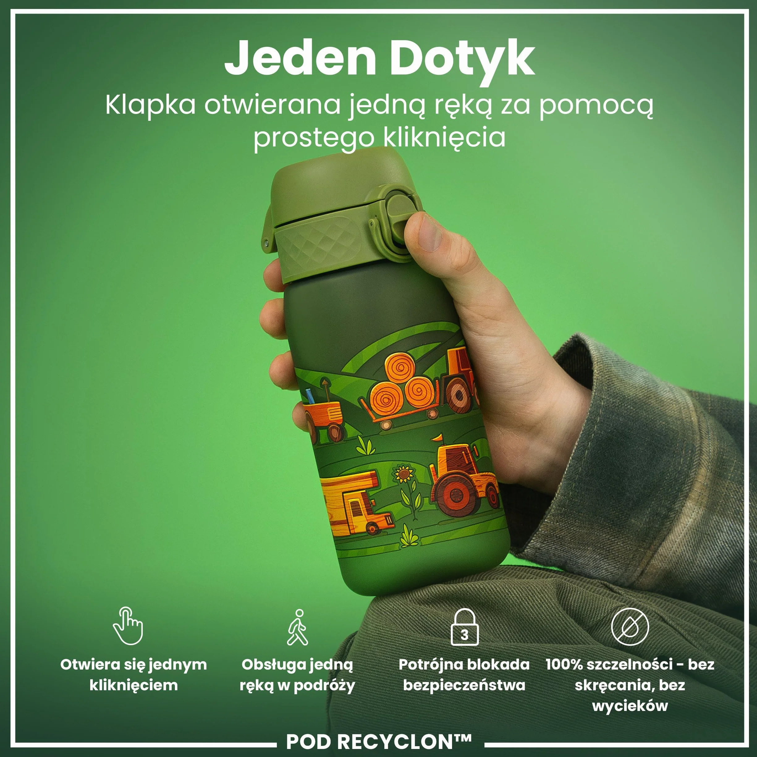 ION8 Butelka dla Dzieci, 350 ml/12 oz, Szczelna, Łatwa do Otwarcia, Bezpieczny Zamek, Można Myć w Zmywarce, Bez BPA, Uchwyt do Przenoszenia, Łatwa do Czyszczenia, Bezwonny, Maszyny Rolnicze