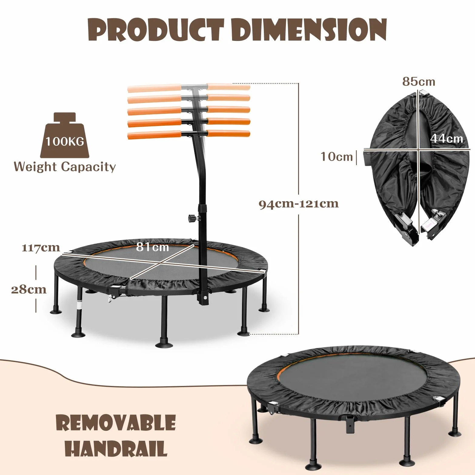 LIFEZEAL Mini składana trampolina o średnicy 110 cm, trampolina dziecięca z regulacją wysokości poręczy, fitness trampolina do treningu, maksymalna waga 100 kg