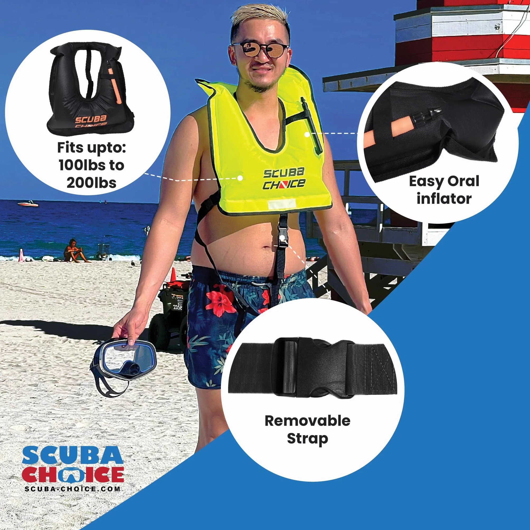 Scuba Choice Adult Snorkel Vest with Name Box, Inflatable Snorkeling Vest for Adults Over 200lbs, Easy Oral Inflator, Removable Strap (27" x 19”) X-Large, Black Snorkeling Vests