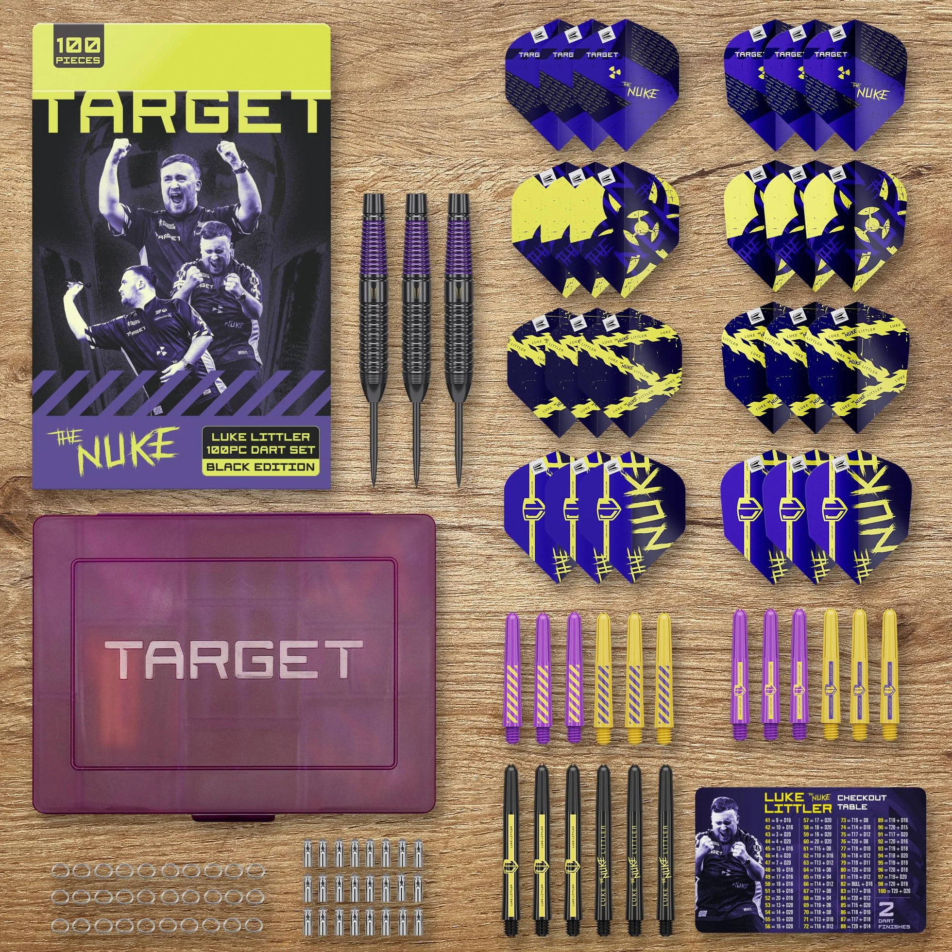 Target Darts Luke Littler mosiężny zestaw rzutek ze stałymi stalowymi końcówkami 22 G Pro Grip Shafts No.2 Pro Ultra lotki