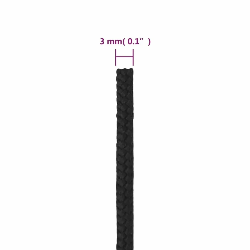 vidaXL Linka żeglarska, czarna jednolita, 3 mm, 50 m, polipropylen, linka do łodzi, linka pleciona, linka na jacht, linki do łodzi, linki plecione