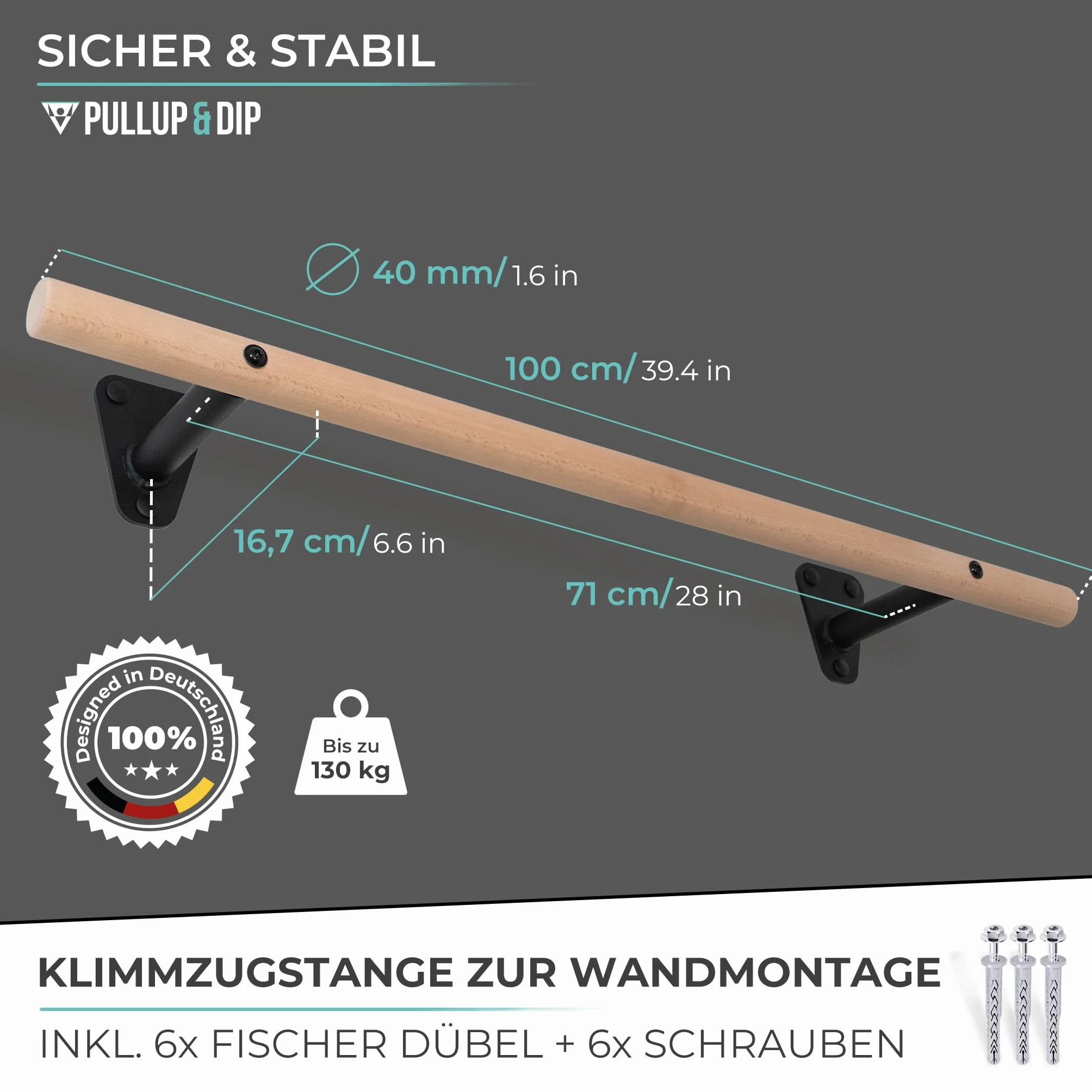 Drążek do podciągania PULLUP & DIP z drewna bukowego 40 mm montaż na ścianie