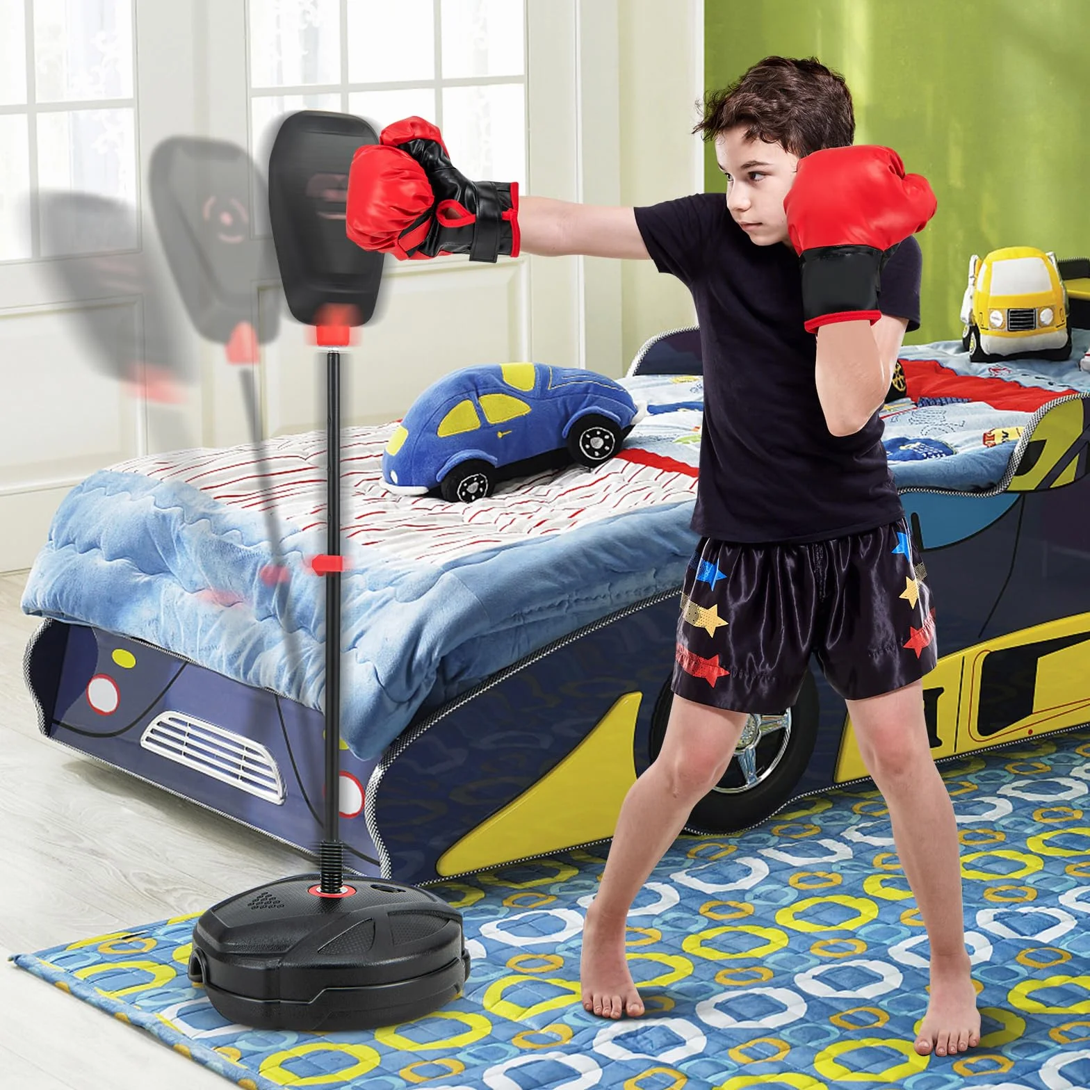 COSTWAY Stojący worek bokserski dla dzieci, trening bokserski 95-126 cm, z regulacją wysokości, zestaw zawiera rękawice bokserskie, boks Speedball dla chłopców i dziewczynek od 5 lat