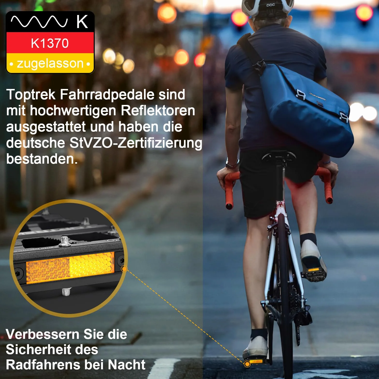 toptrek Pedały rowerowe z reflektorami dopuszczonymi do ruchu drogowego (obowiązują przepisy lokalne) CNC, aluminiowe, antypoślizgowe, z 3 uszczelnionymi łożyskami, do rowerów górskich, BMX, rowerów