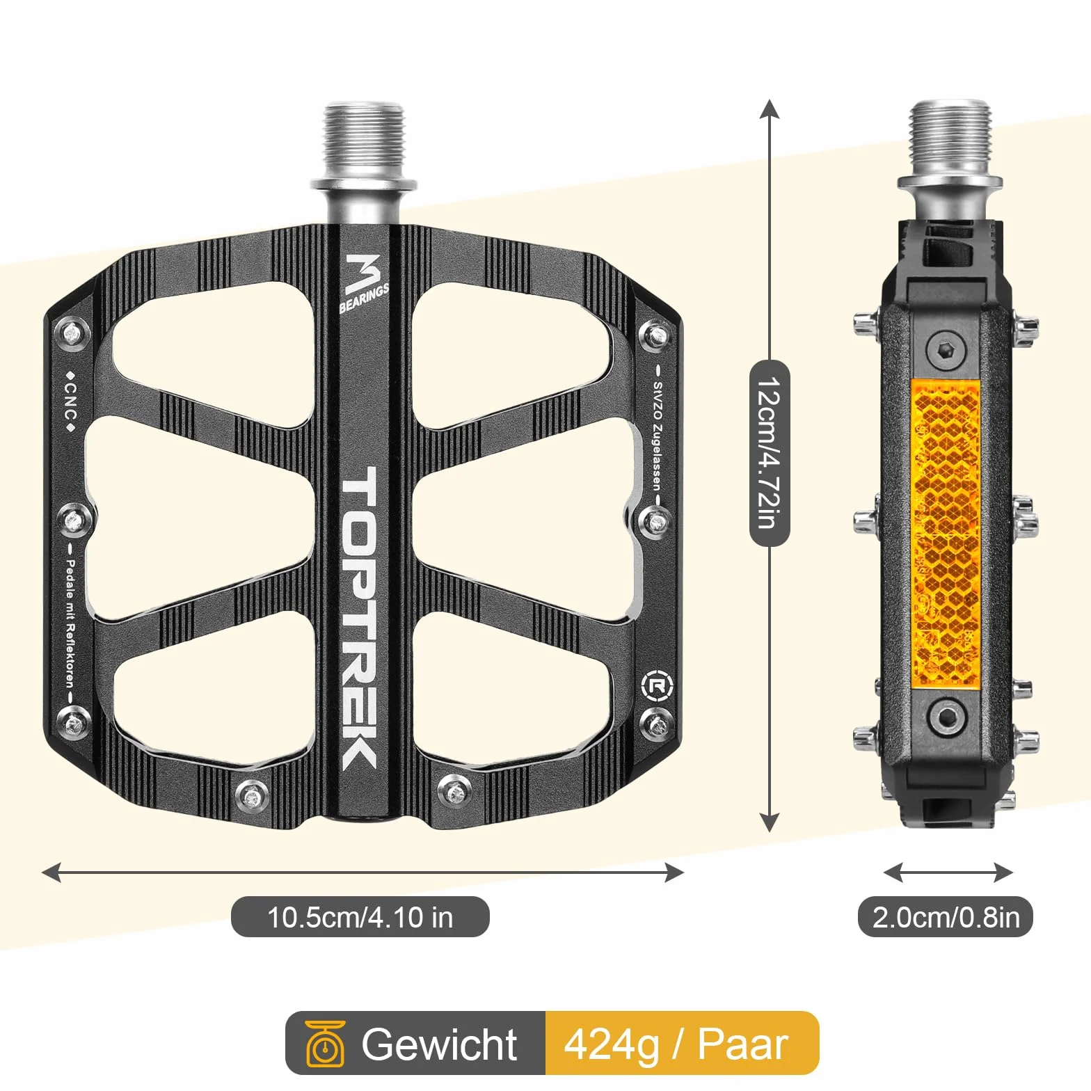 toptrek Pedały rowerowe z reflektorami dopuszczonymi do ruchu drogowego (obowiązują przepisy lokalne) CNC, aluminiowe, antypoślizgowe, z 3 uszczelnionymi łożyskami, do rowerów górskich, BMX, rowerów