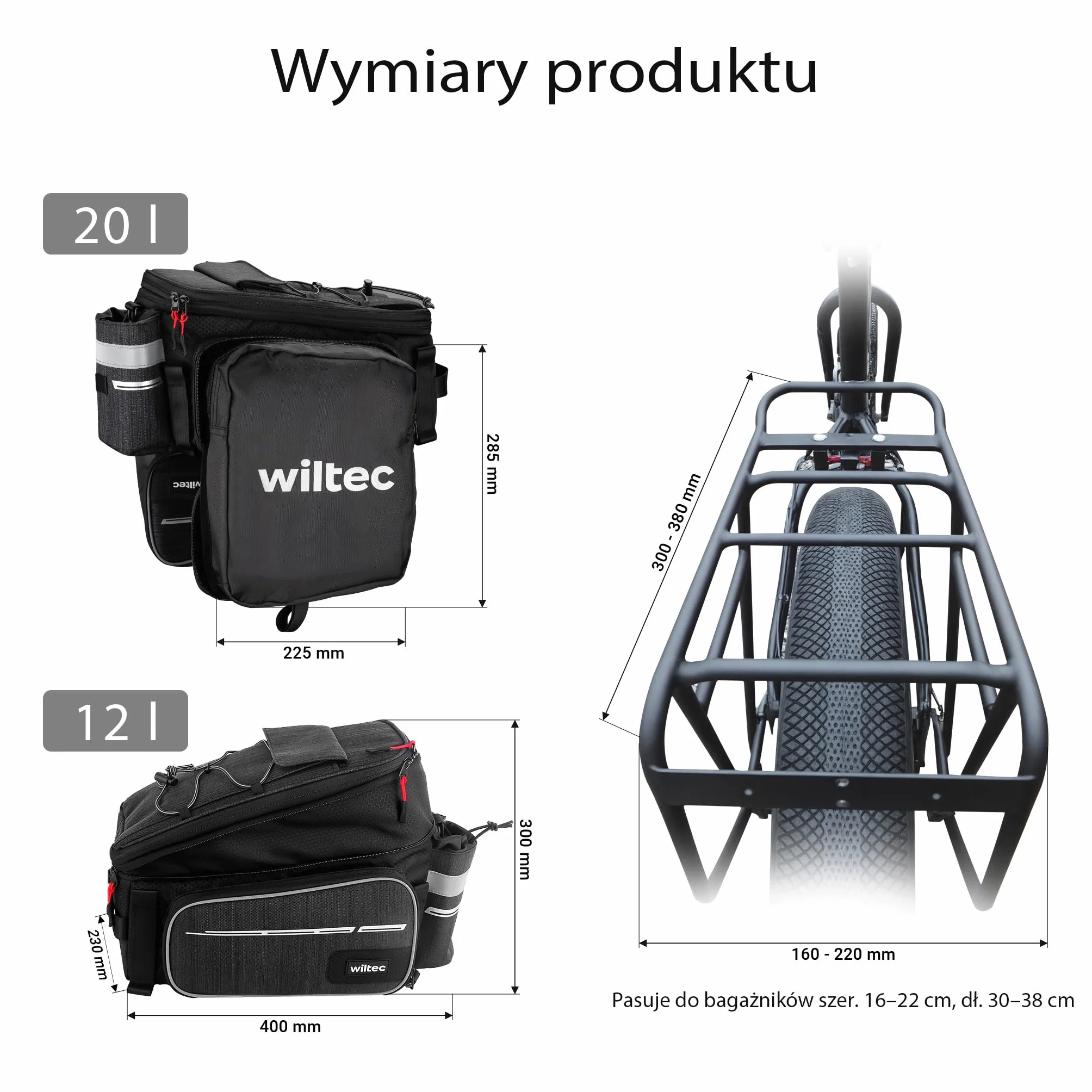 Wiltec sakwa rowerowa 20 l wodoodporna czarna 3 przegrody montaż na bagażnik
