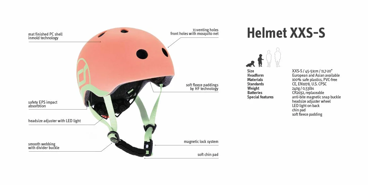 Scoot and Ride kask dziecięcy regulowany rozmiar XXS LED światło bezpieczeństwa miękka wyściółka polarowa