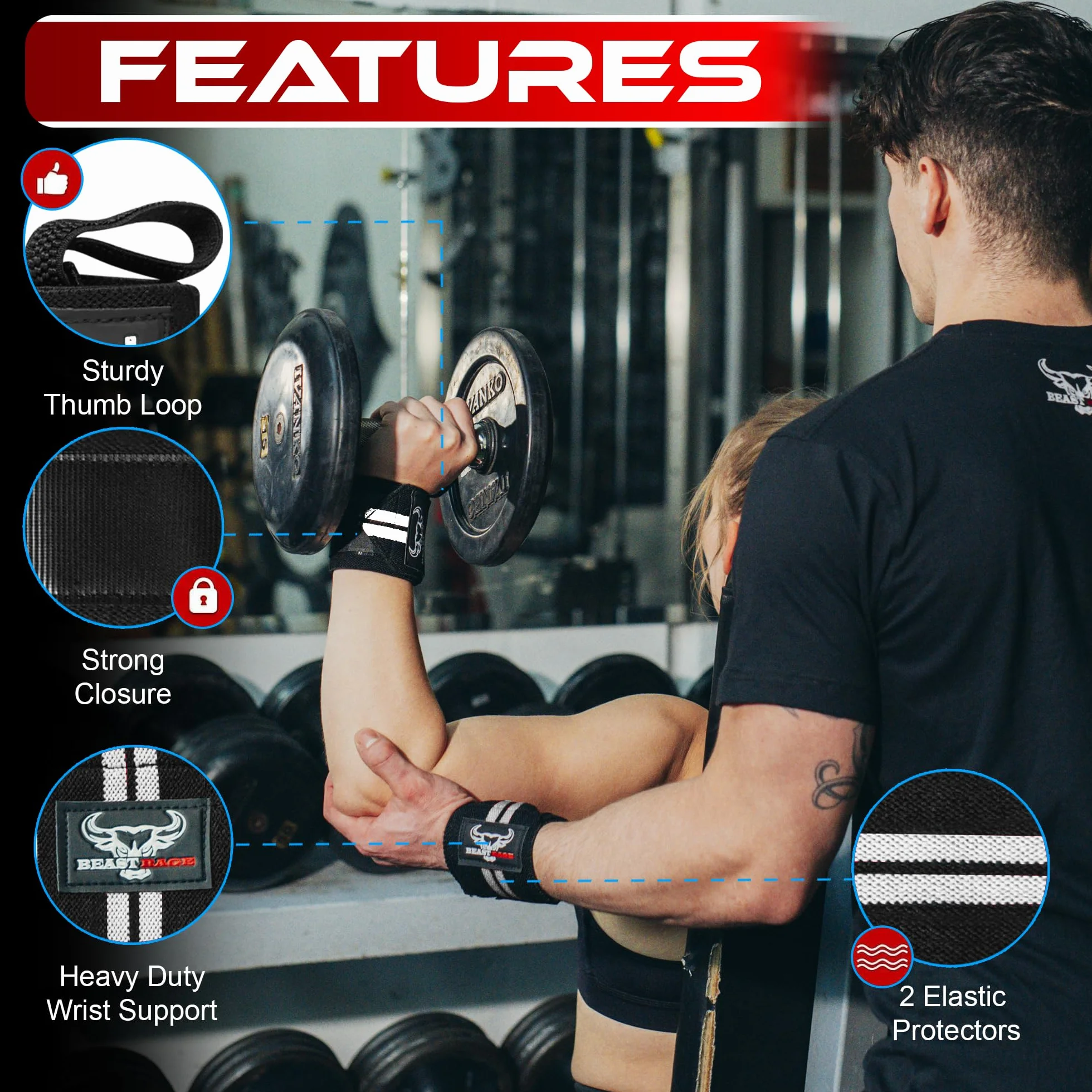 BEAST RAGE Opaski na nadgarstki do podnoszenia ciężarów, trening siłowy mięśni, trening fitness, rozciągliwy bawełniany pasek na kciuk (UP3, WHITE)