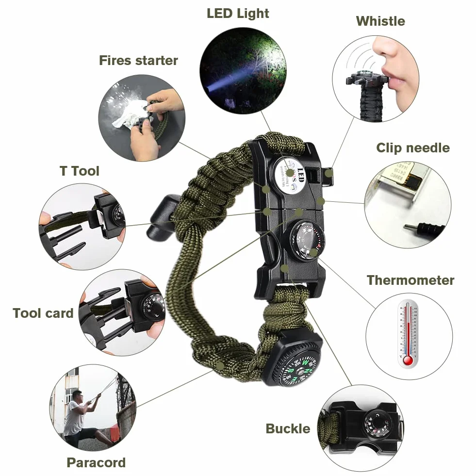 Flintronic Zestaw bransoletek survivalowych Paracord z zapalniczką, kompasem, piłą i piszczałką 100-dB