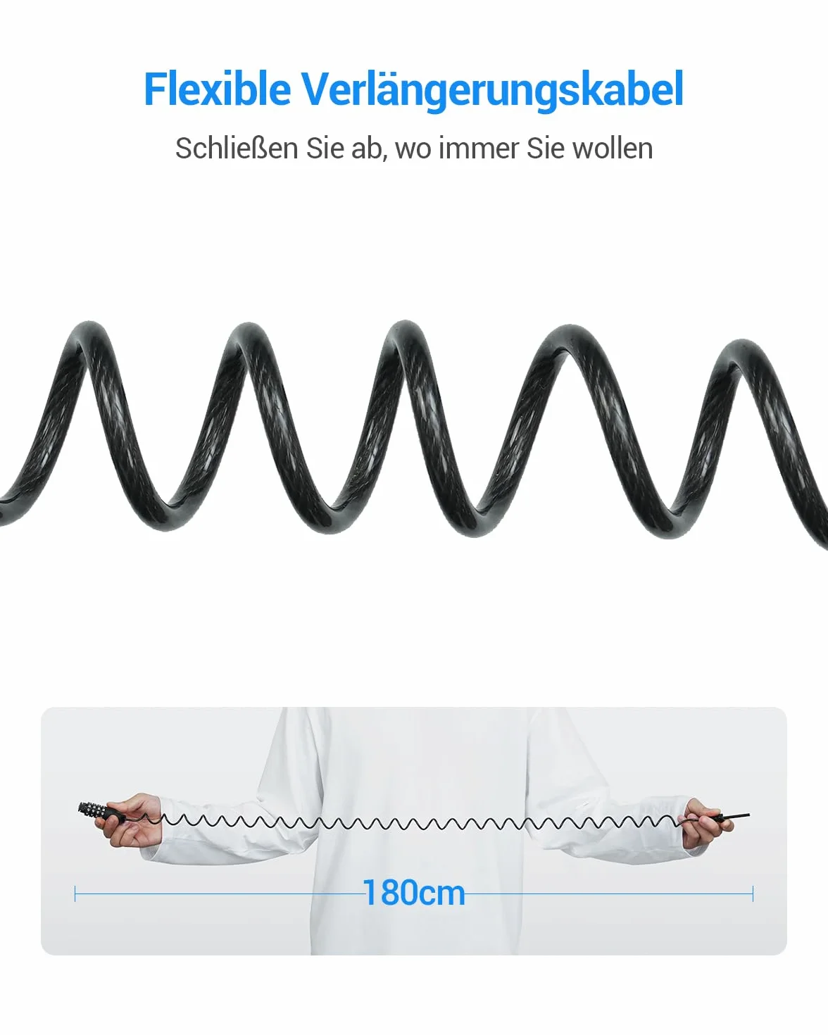 Sportneer Zamek rowerowy kablowy 180 cm, zamek szyfrowy ze stopu cynku i tworzywa ABS, 4-cyfrowy kod