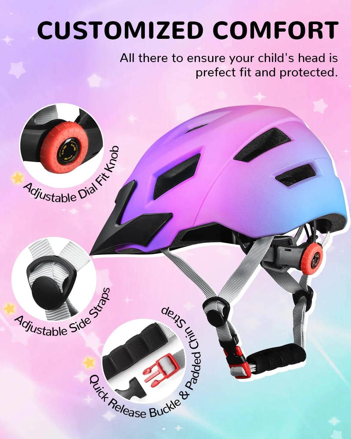 Dziecięcy kask rowerowy dla dziewcząt i chłopców, regulowany kask rowerowy dla dzieci, kask rowerowy, kask multisportowy do jazdy na deskorolce, jazdy na rowerze, jazdy na rolkach, 52-56 cm