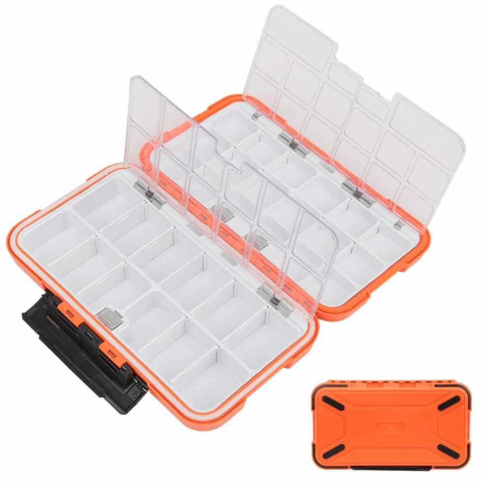 Wodoodporny organizer na sprzęt wędkarski z dwustronnymi przegródkami na przynęty, haczyki i akcesoria. Grubsza plastikowa obudowa do wędkarstwa muchowego (model C, L 39 x 39 x 4,5 cm /