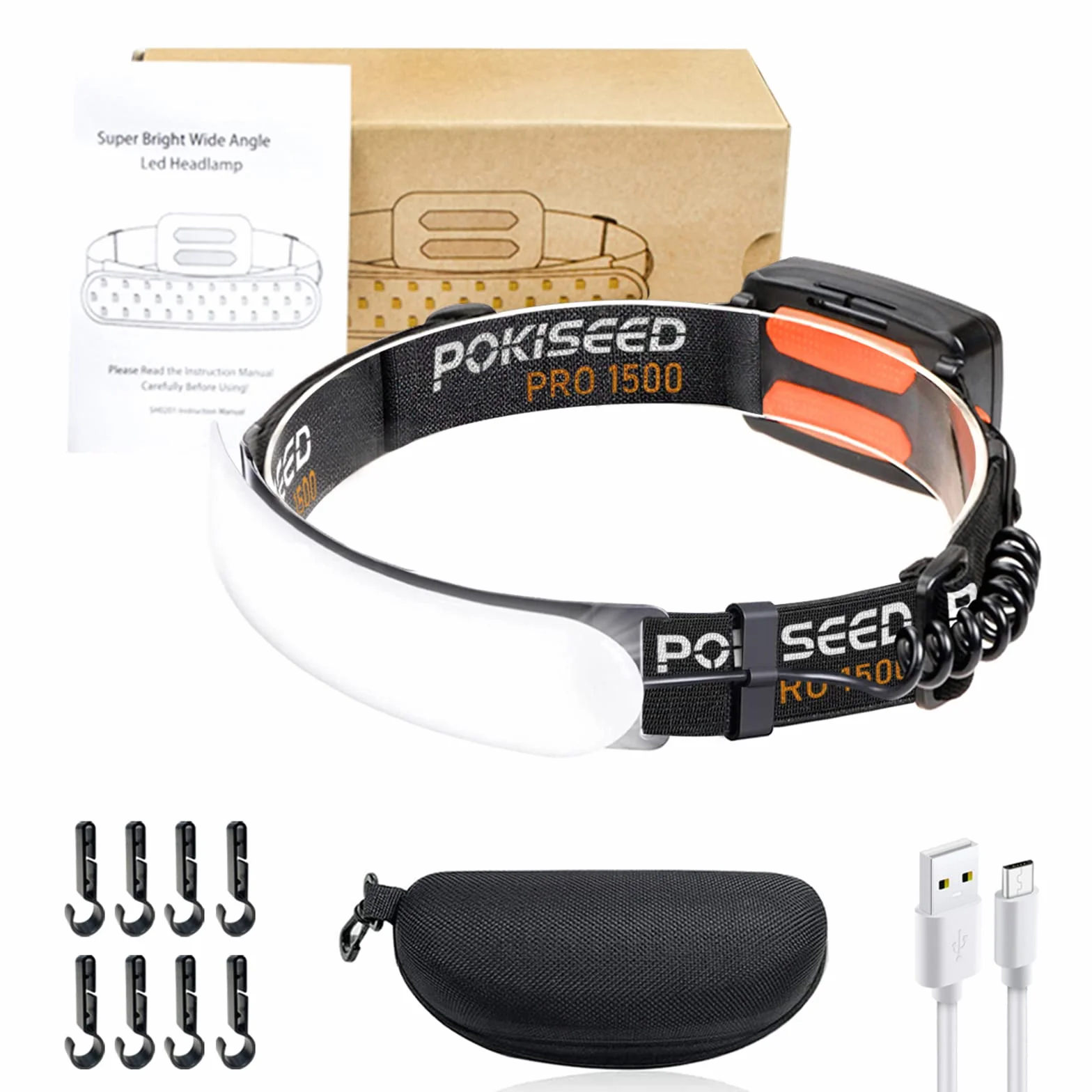 POKISEED Latarka czołowa LED 1500 lumenów IPX6 230° 3 tryby jasności ładowana