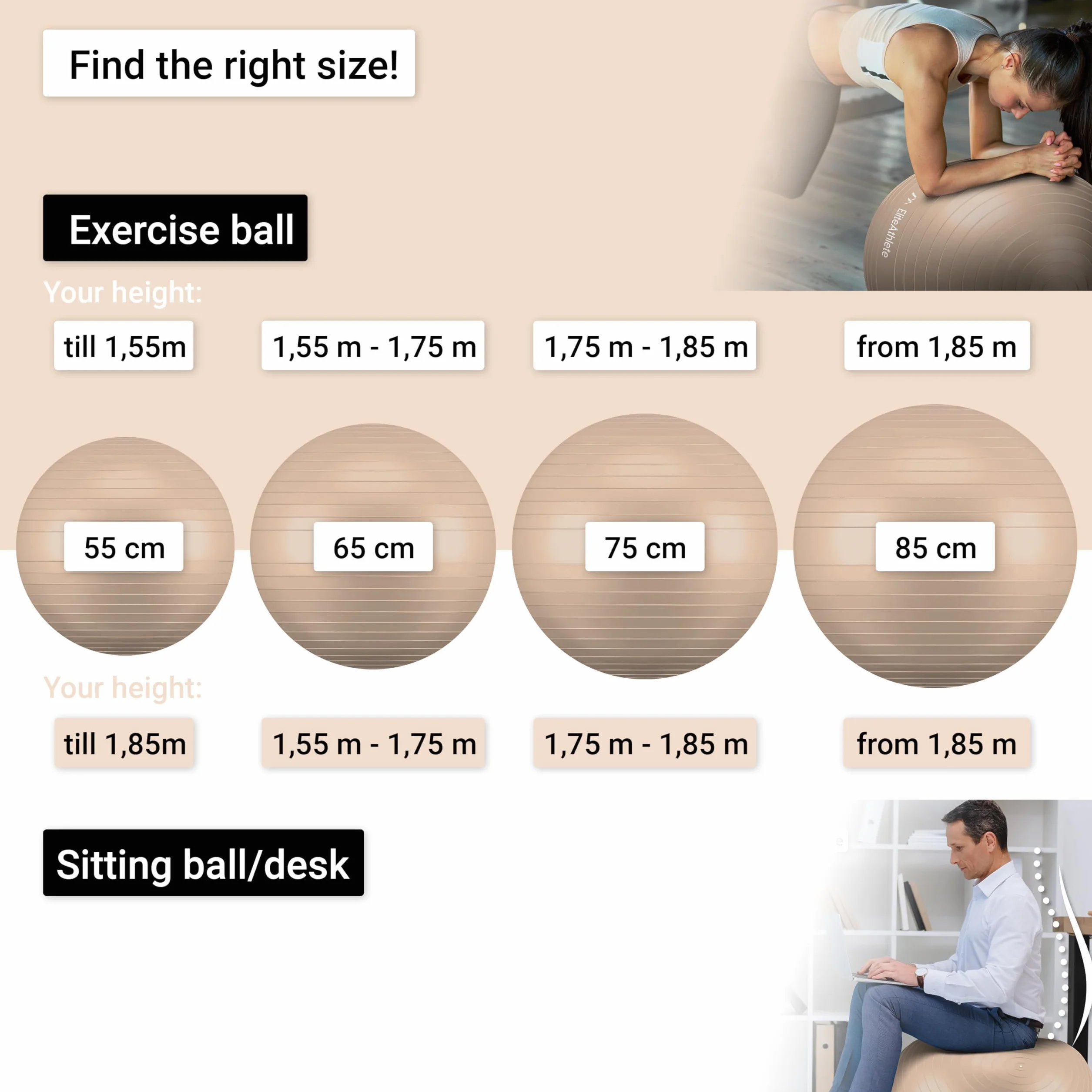 EliteAthlete Ergonomiczna piłka do siedzenia, z systemem zapobiegającym pękaniu, do fitnessu, pilatesu, ciąży, jogi, 65 cm, w zestawie z pompką