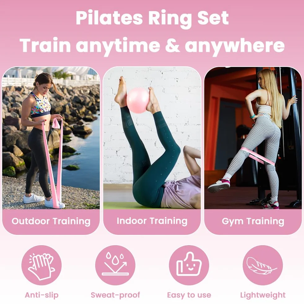 Zestaw pierścieni do pilatesu 38 cm magiczne koło z podwójnymi uchwytami, 4 szt. z opaską oporową, piłką do jogi