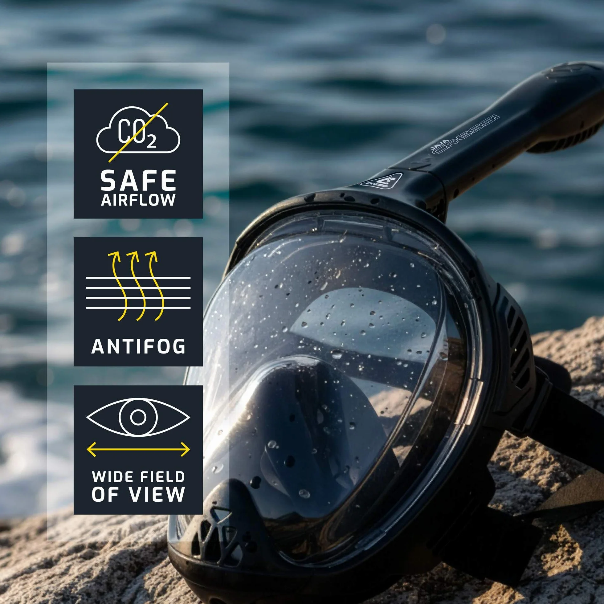 CRESSI Java Full Face Mask - Full Face Snorkel Mask, Ultra Clear Anti Fog Lens, 100% Silicone, Snorkel Dry with Safety Valves