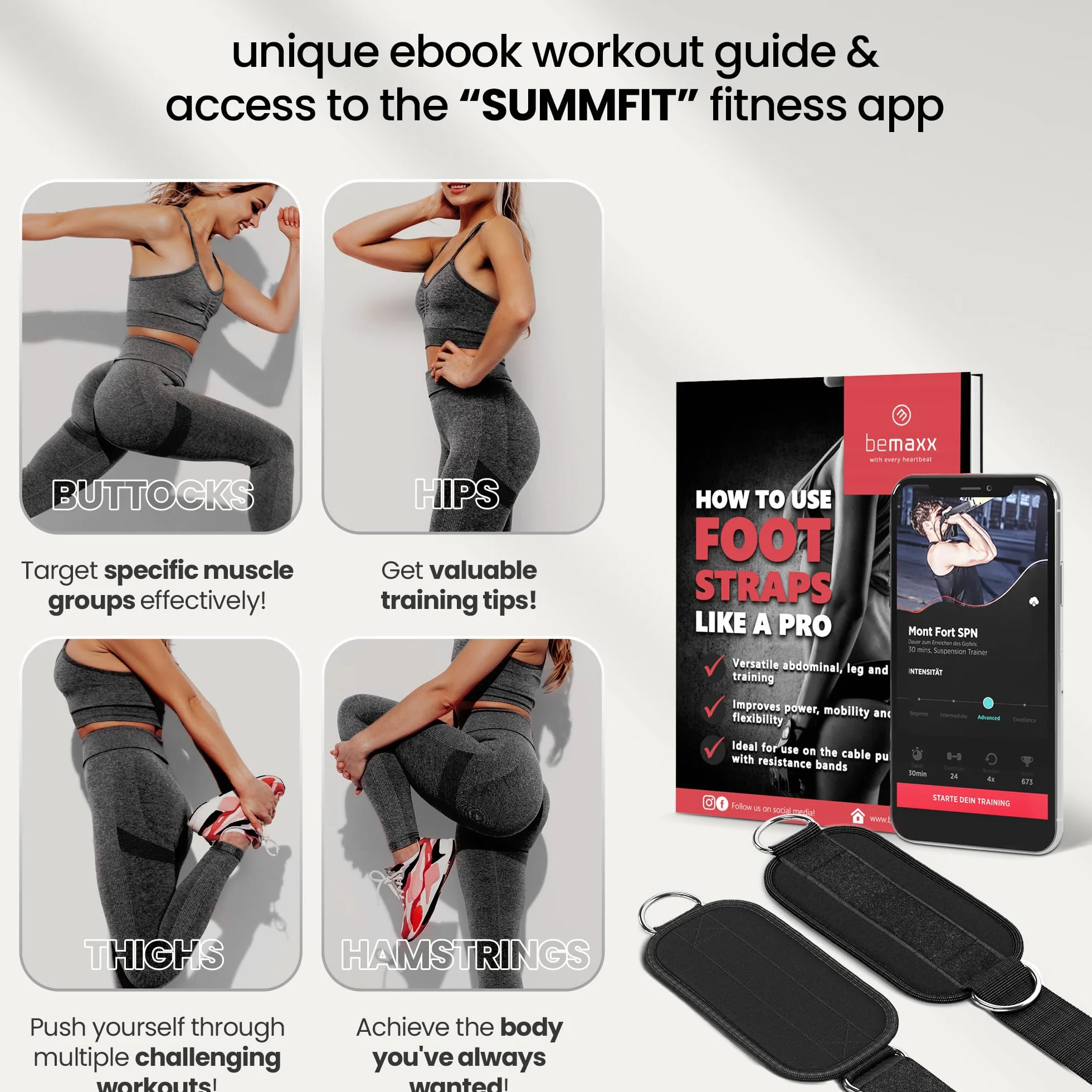 Zestaw 2 pasków na nogi + eBook treningowy, jeden rozmiar wyściełane ekspandery do stóp paski kostki, velcro do treningu nóg | noga fitness trening kobieta mężczyzna rozciąganie rozgrzewka