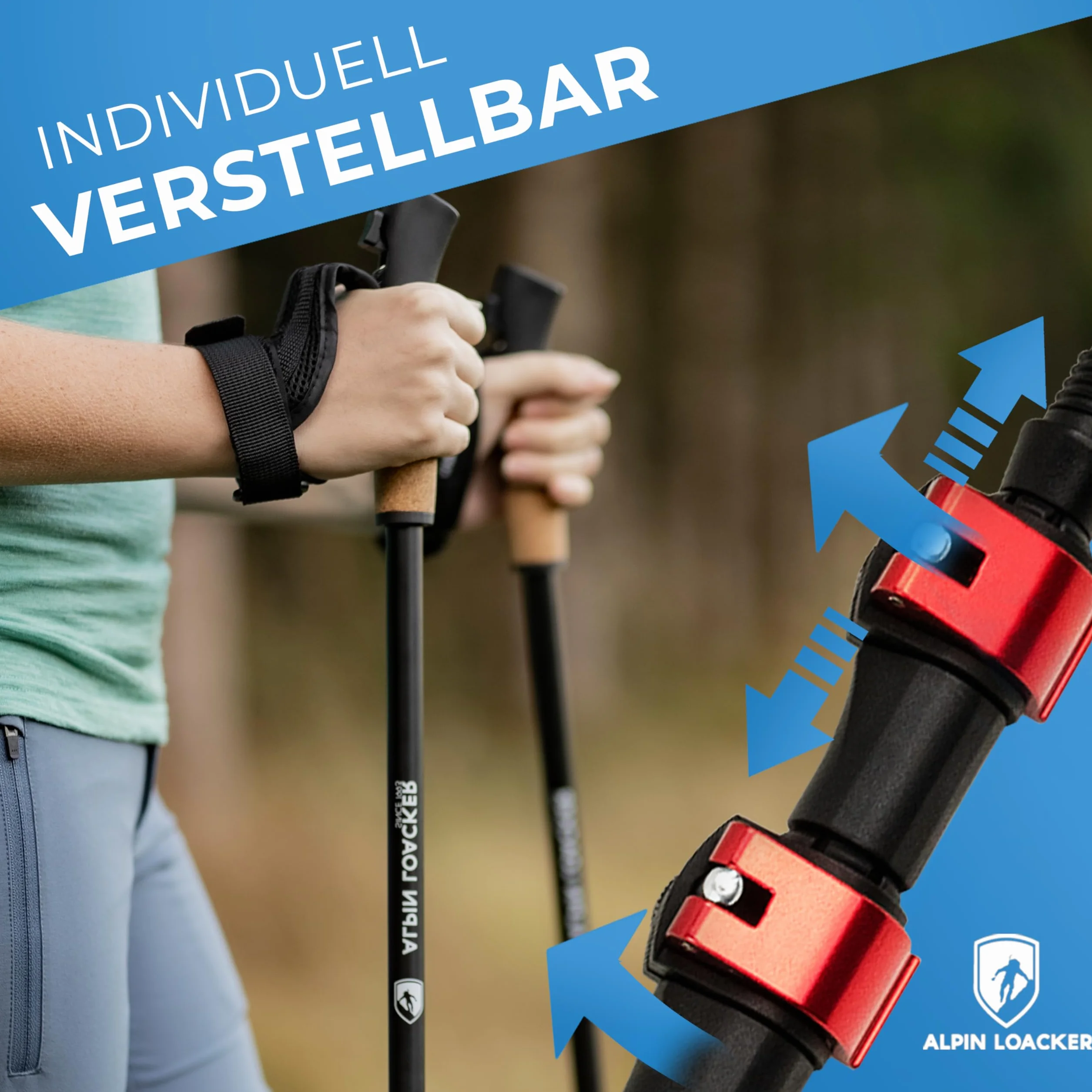 Alpin Loacker Teleskopowe kijki trekkingowe z włókna węglowego i aluminium z uchwytem korkowym, lekkie kijki do nordic walkingu, dla kobiet i mężczyzn, do jazdy na nartach i wędrówek, kijki