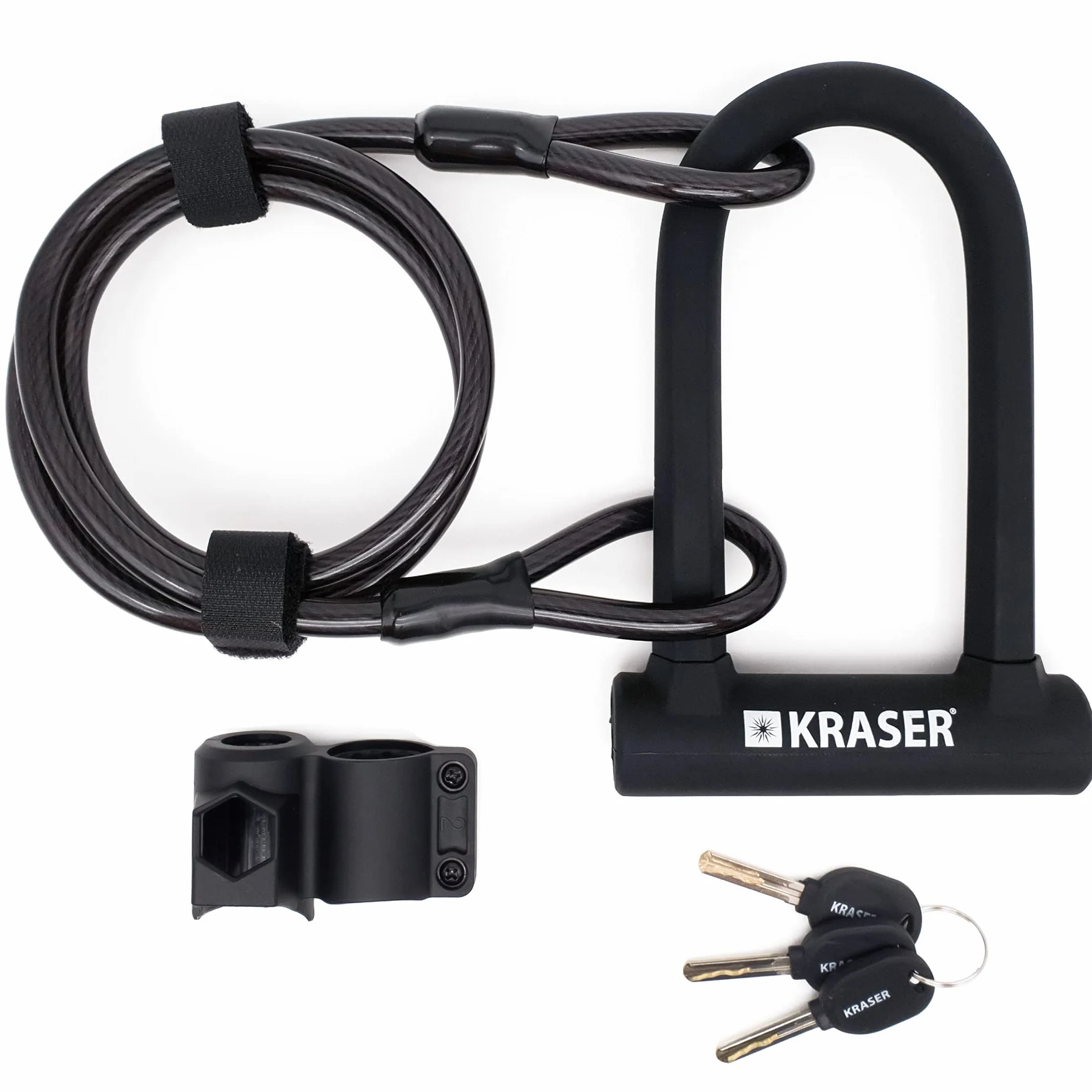 KRASER KR65145B Zapięcie Rowerowe Universalny Rower U-lock Blokada + Metalowa Elastyczne Kablowa 120cm + Uchwytem Montażowym