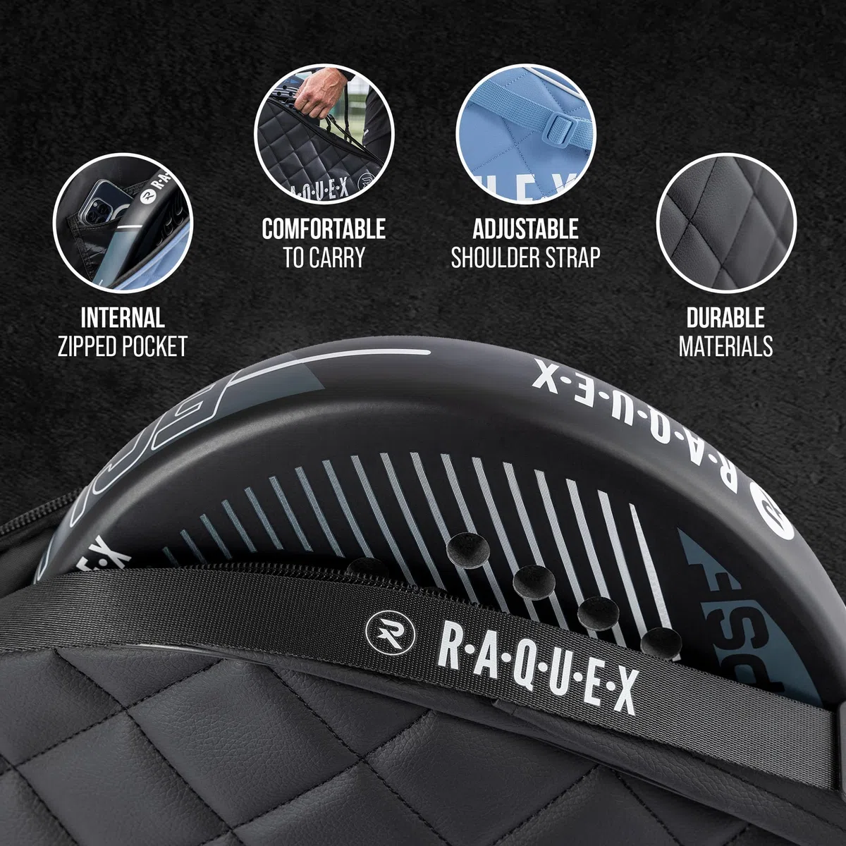 Raquex Elite Padel pokrowiec na rakietę - niebieska lub czarna na 1 rakietę - pikowana torba ze sztucznej skóry dla mężczyzn i kobiet, wyściełany ochraniacz na rakietę Padel, luksusowy prezent