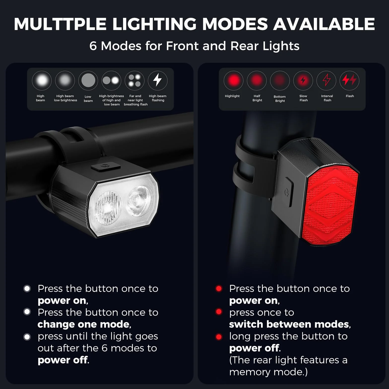 Blendura Lampa rowerowa, 6+6 trybów światła rowerowego z przodu i z tyłu LED, ładowana przez USB, IPX6, lampa rowerowa, do rowerów górskich i rowerów