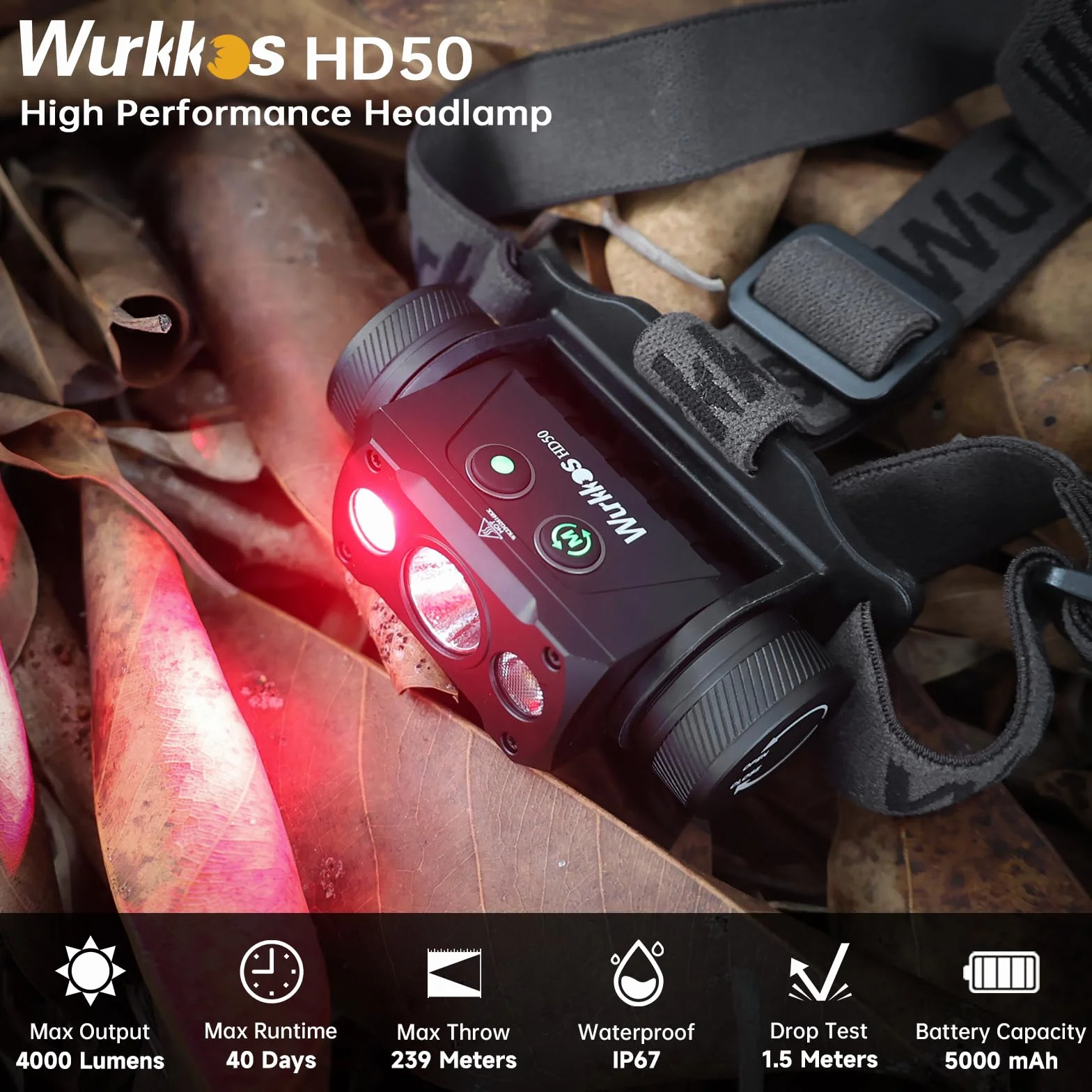 Wurkkos Latarka czołowa LED, ładowalna, czerwone białe światło, 4500 lumenów, super jasna latarka czołowa, z magnetycznym ssaniem, wodoodporność IP67, do przerw w dostawie prądu, na kemping, wędrówki