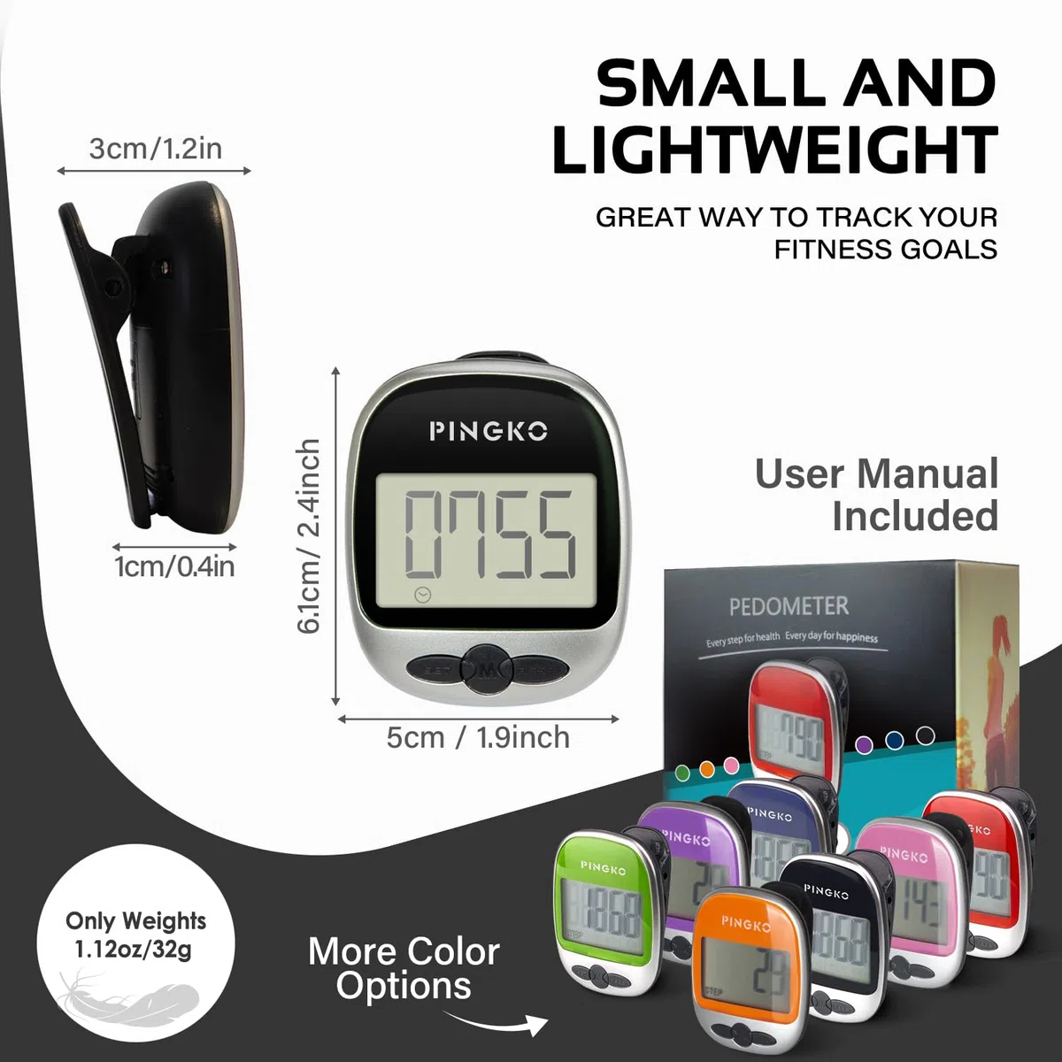 PINGKO Krokomierz do chodzenia dokładnie śledź kroki przenośny krokomierz sportowy krok/odległość/kalorie/licznik fitness tracker, licznik kalorii