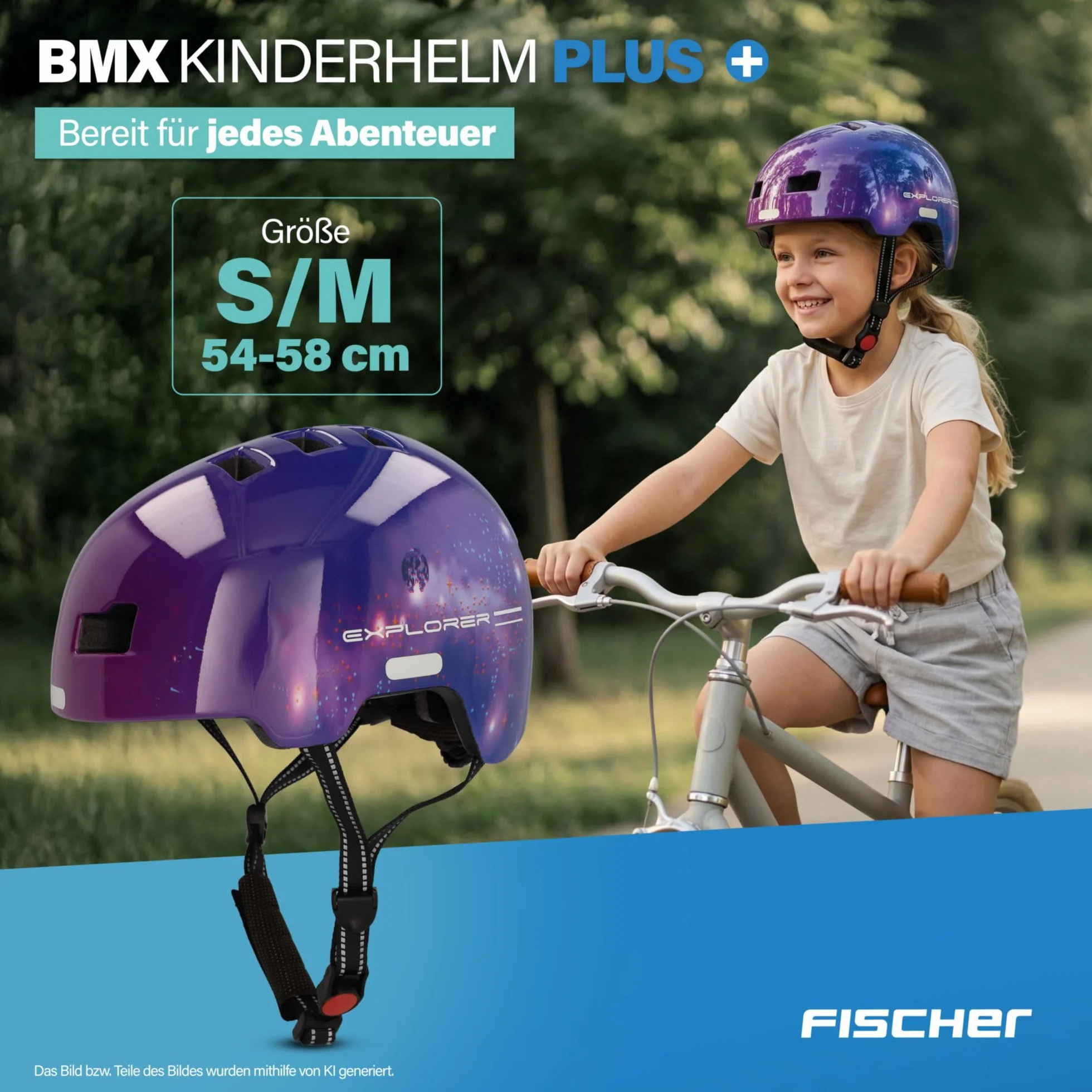 FISCHER BMX kask rowerowy, kask rowerowy Dirt Bike Plus Explorer, S/M, 54-59 cm, niebieski, z wbudowanym tylnym światłem LED