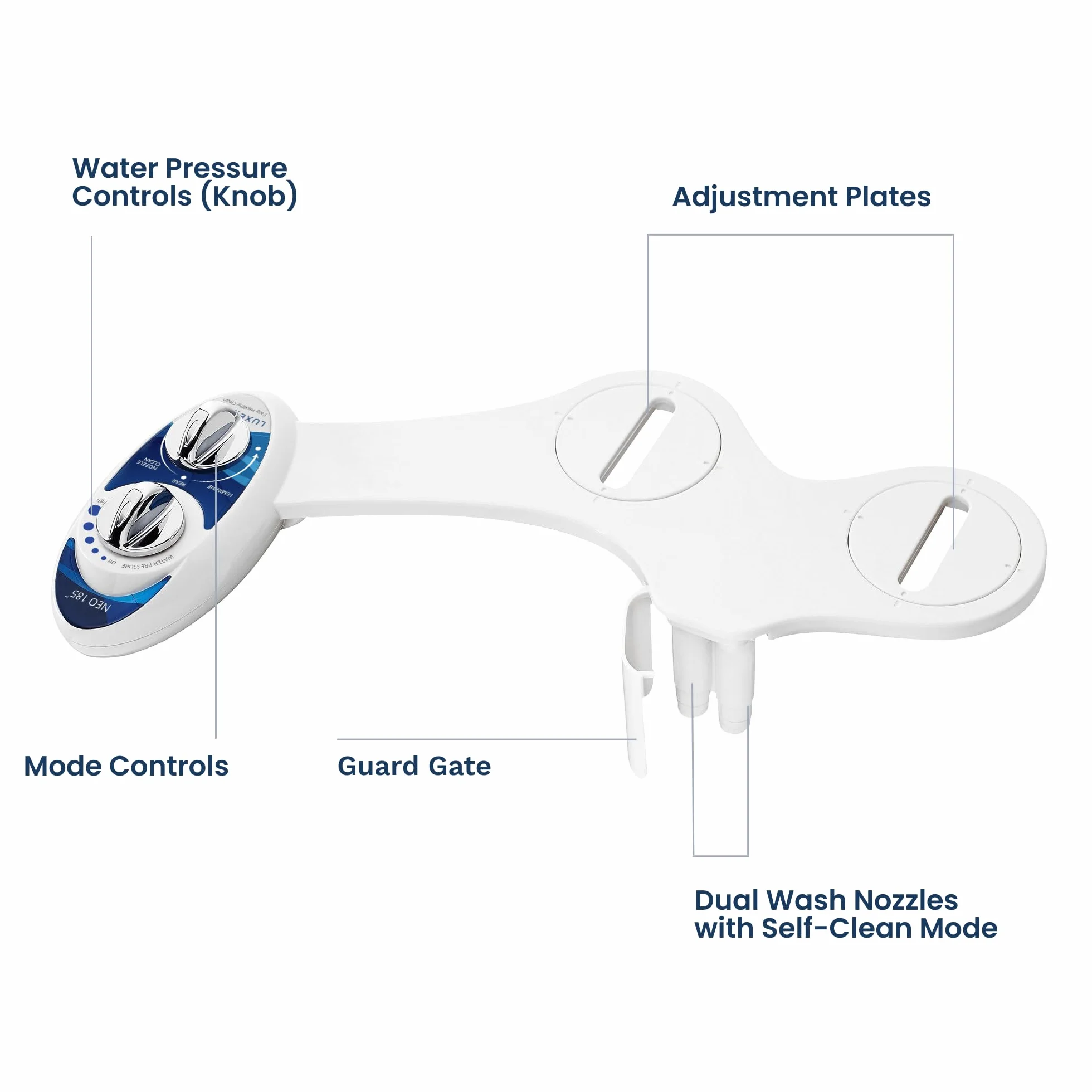 LUXE Bidet Neo 185 (Elite) nieelektryczna nasadka bidetowa z samoczyszczącą podwójną dyszą, regulacją ciśnienia wody, niebieska i biała
